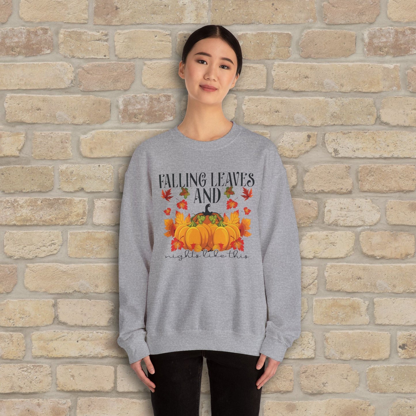 Graphic & Text Falling Leaves & Nights Like This Sweatshirt - Vibrant Styles