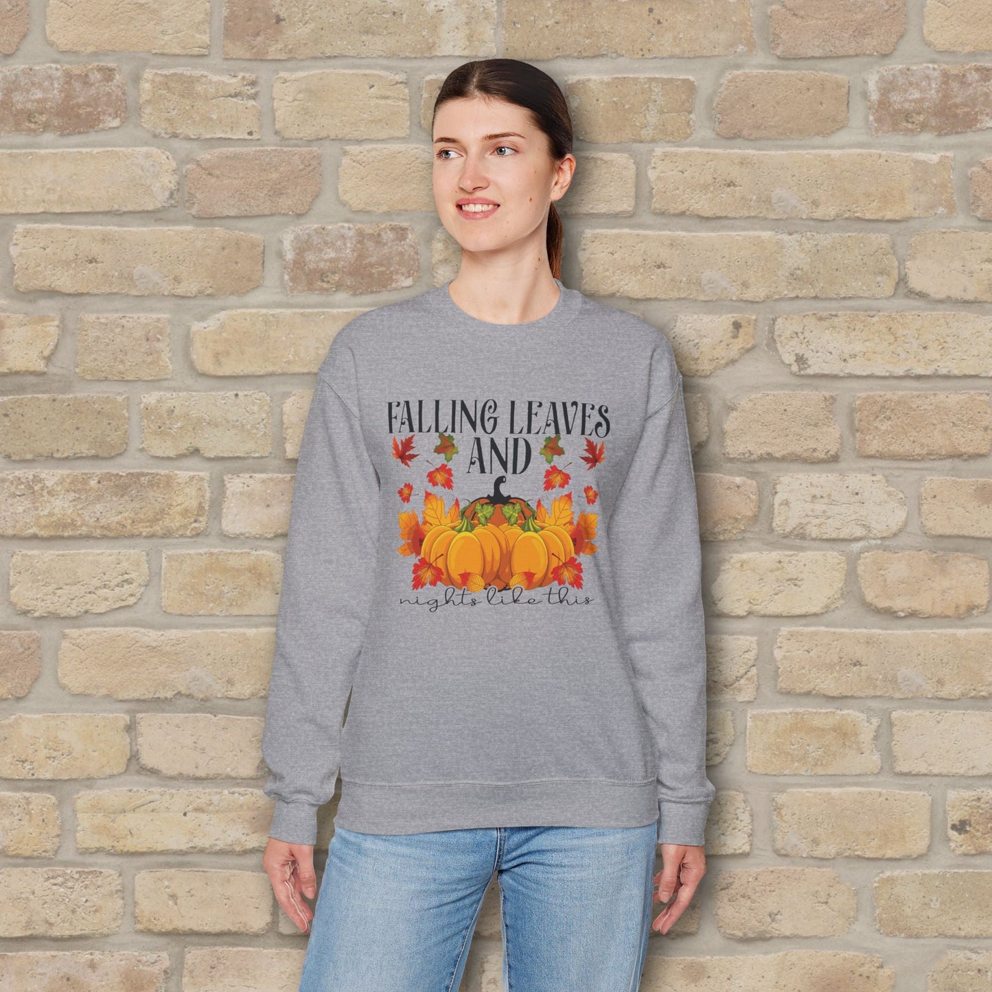 Graphic & Text Falling Leaves & Nights Like This Sweatshirt - Vibrant Styles