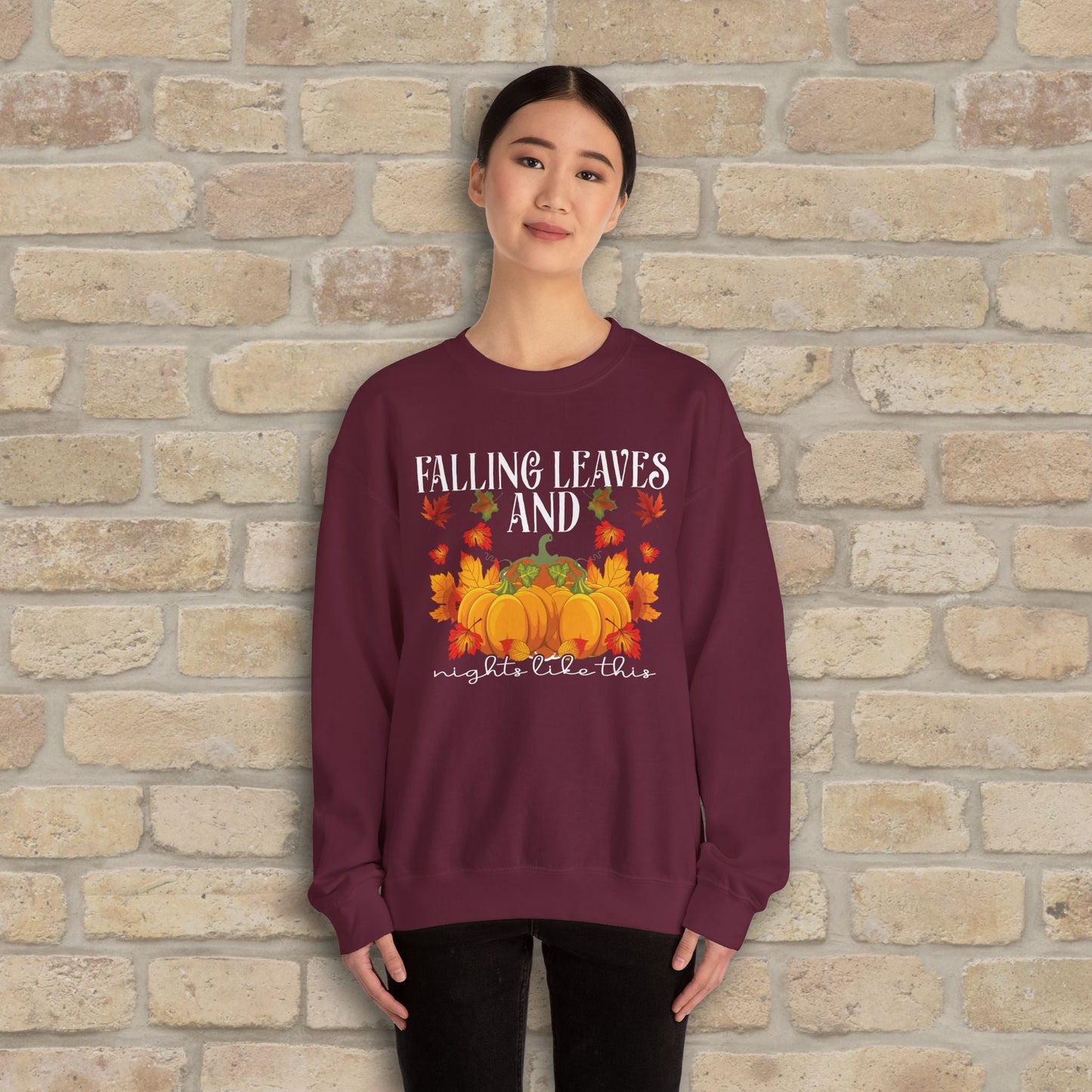 Graphic & Text Falling Leaves & Nights Like This Sweatshirt - Vibrant Styles