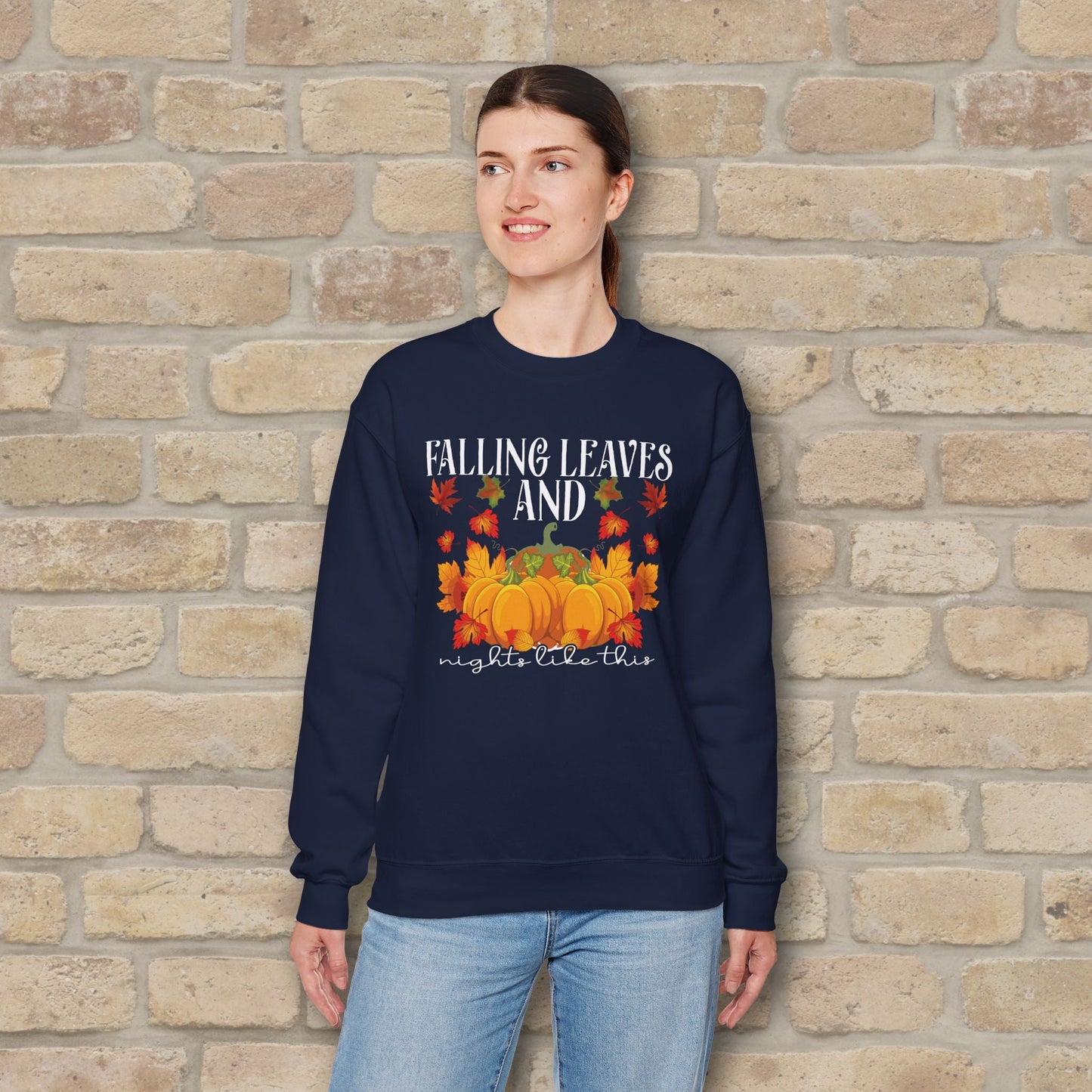 Graphic & Text Falling Leaves & Nights Like This Sweatshirt - Vibrant Styles