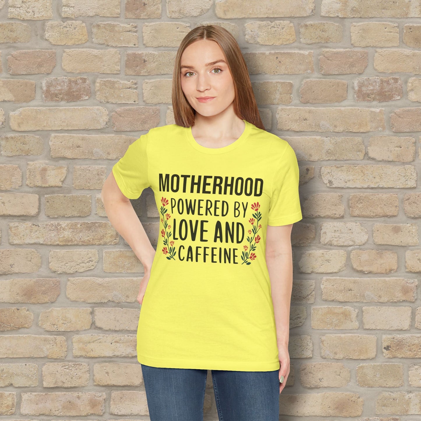 T-Shirt Motherhood: Powered by Love and Caffeine Tee - Vibrant Styles