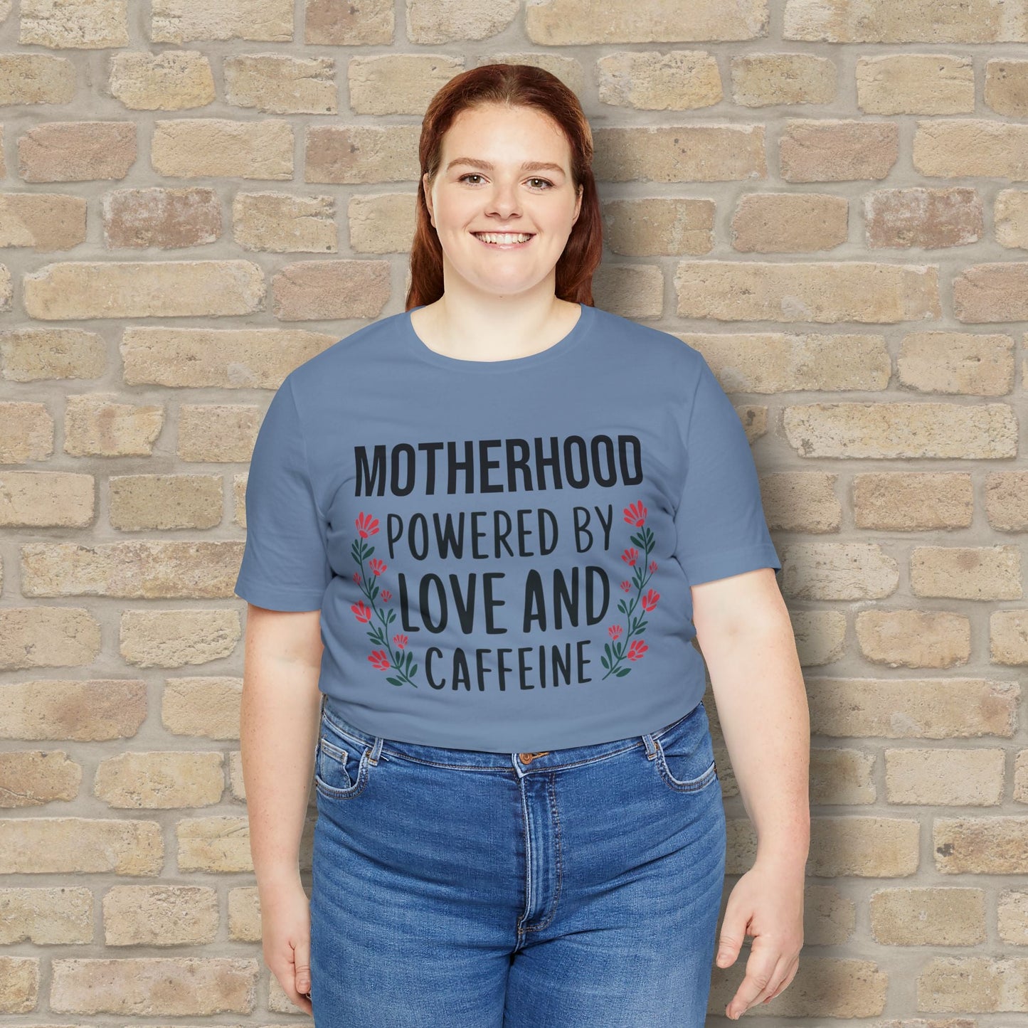 T-Shirt Motherhood: Powered by Love and Caffeine Tee - Vibrant Styles
