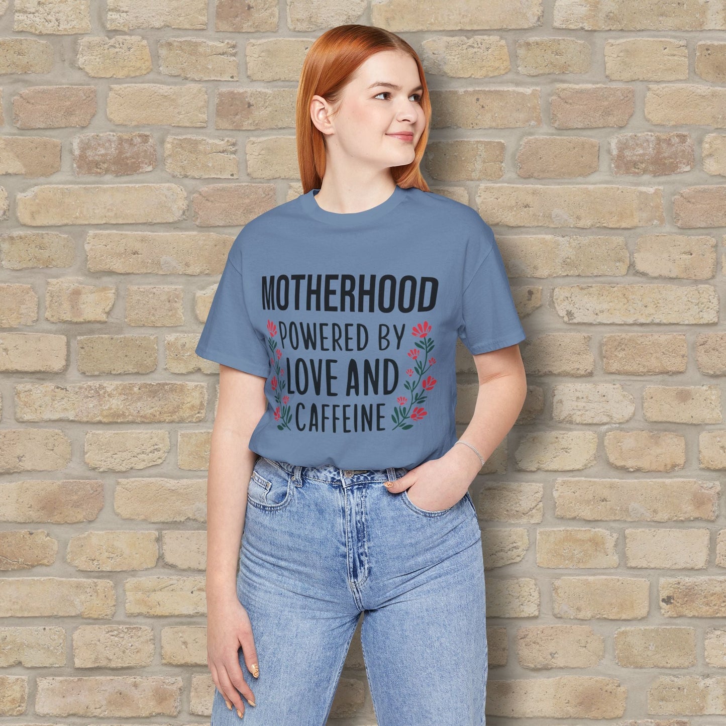T-Shirt Motherhood: Powered by Love and Caffeine Tee - Vibrant Styles