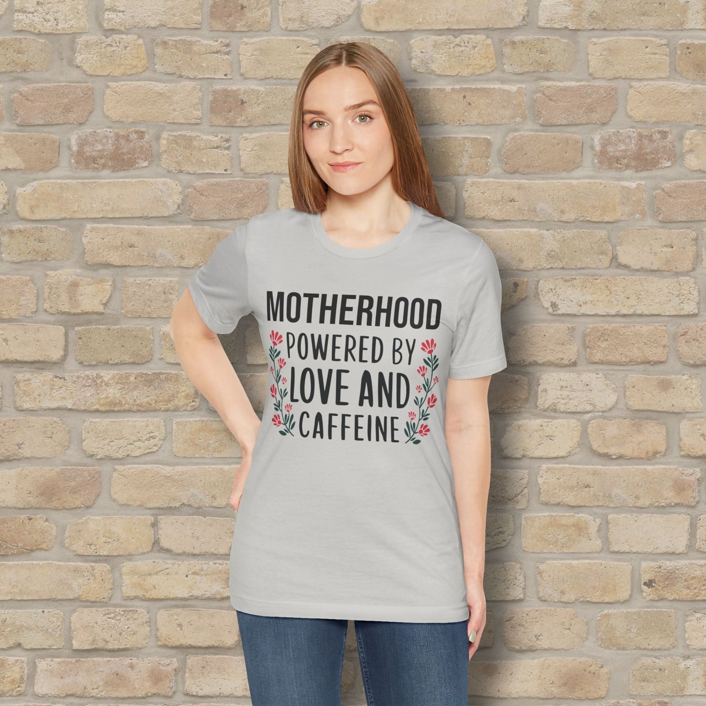 T-Shirt Motherhood: Powered by Love and Caffeine Tee - Vibrant Styles