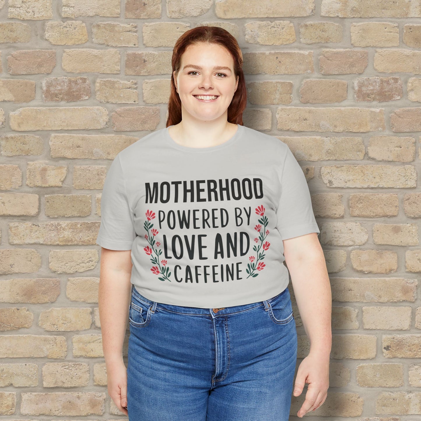 T-Shirt Motherhood: Powered by Love and Caffeine Tee - Vibrant Styles