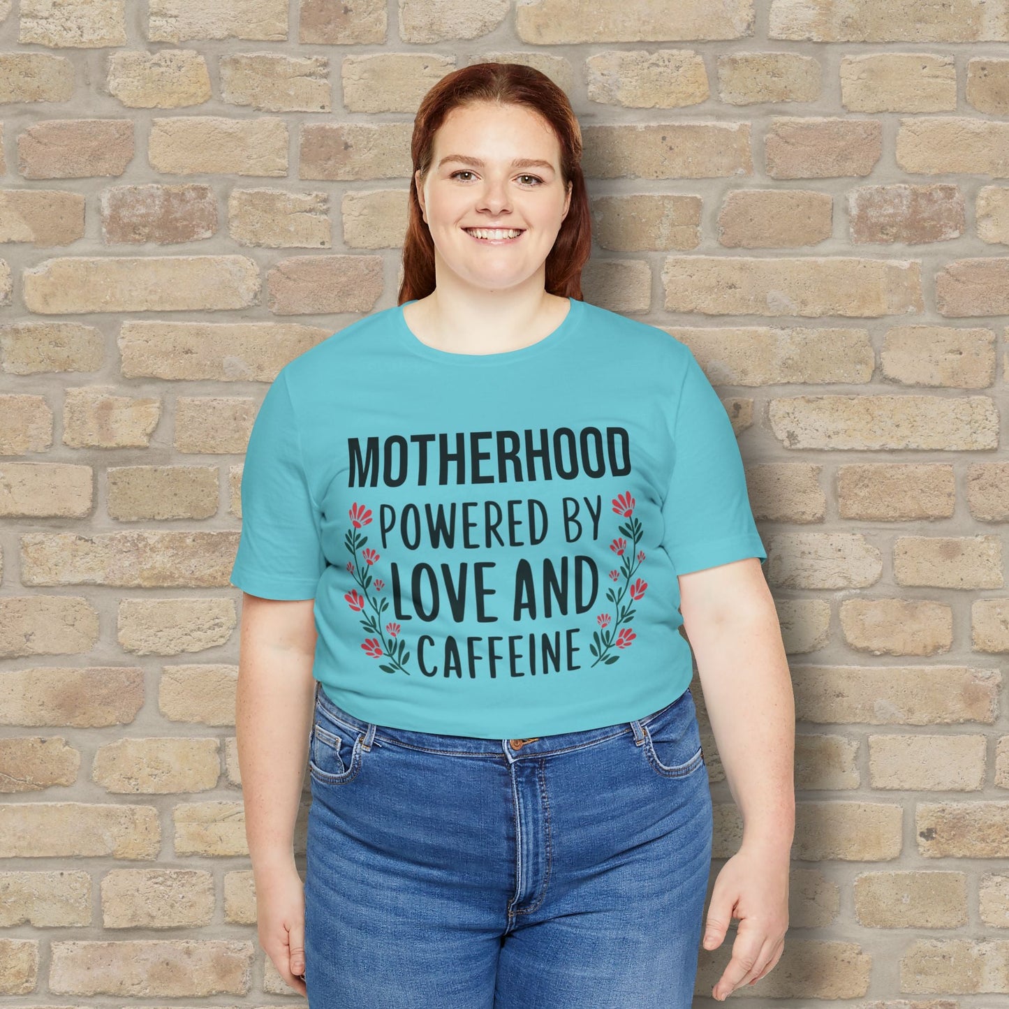 T-Shirt Motherhood: Powered by Love and Caffeine Tee - Vibrant Styles
