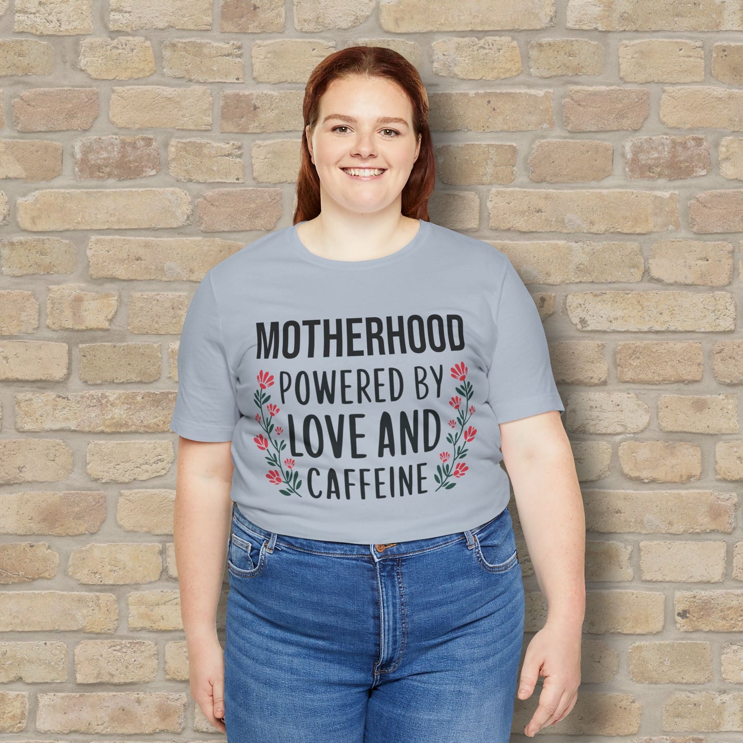 T-Shirt Motherhood: Powered by Love and Caffeine Tee - Vibrant Styles