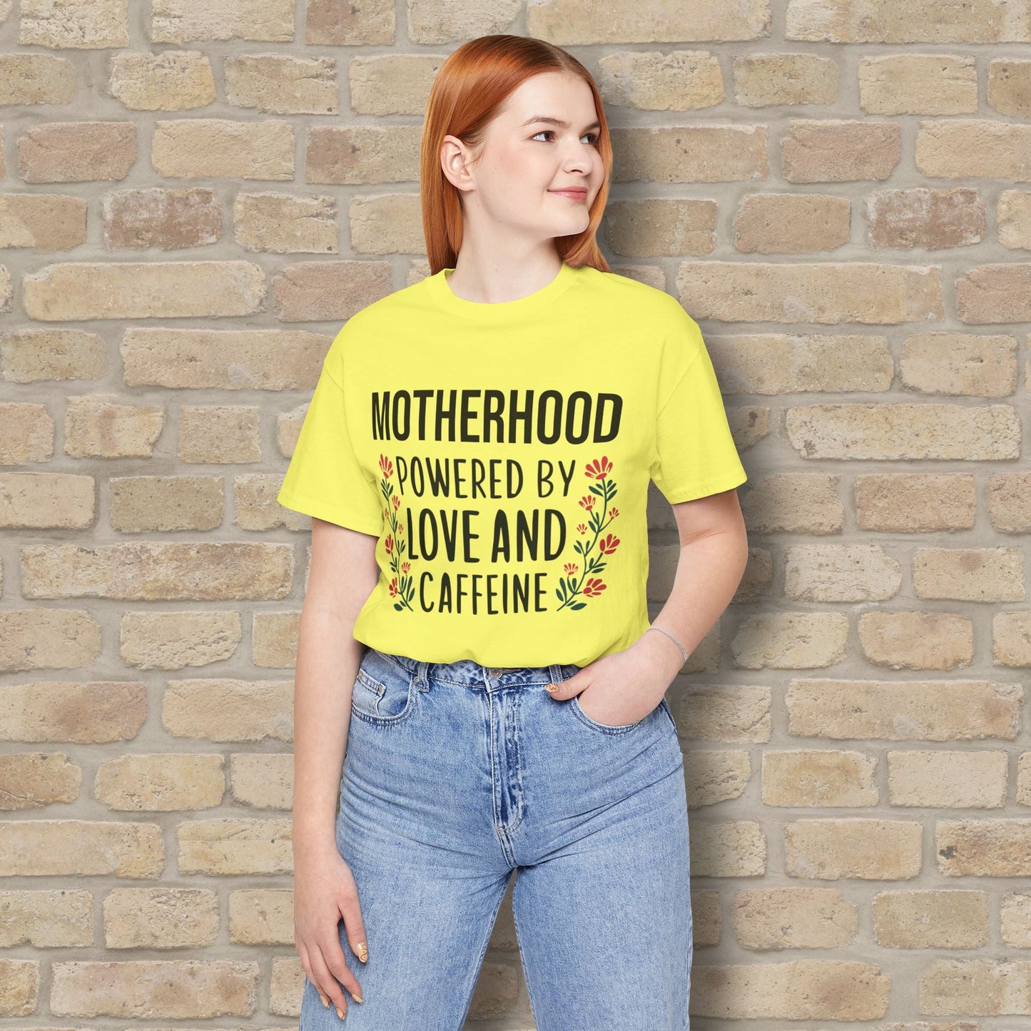 T-Shirt Motherhood: Powered by Love and Caffeine Tee - Vibrant Styles
