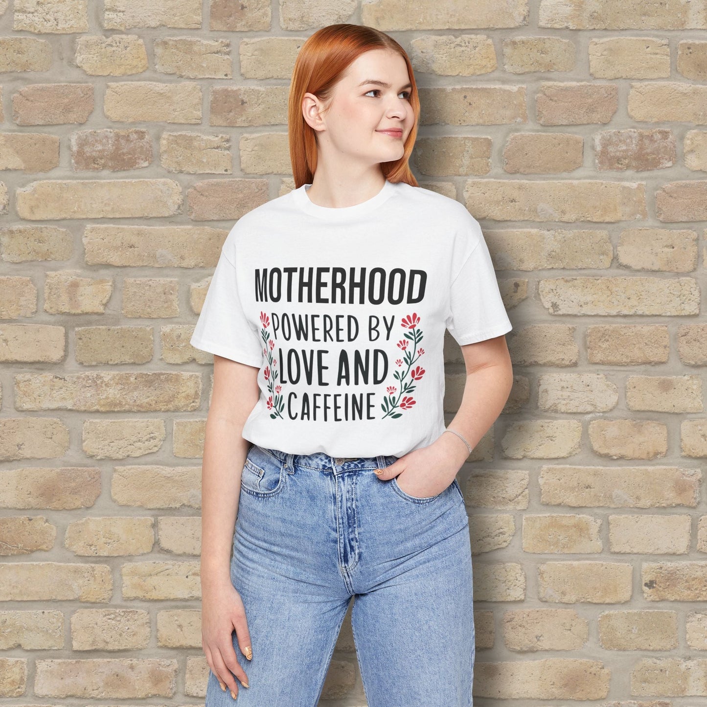 T-Shirt Motherhood: Powered by Love and Caffeine Tee - Vibrant Styles