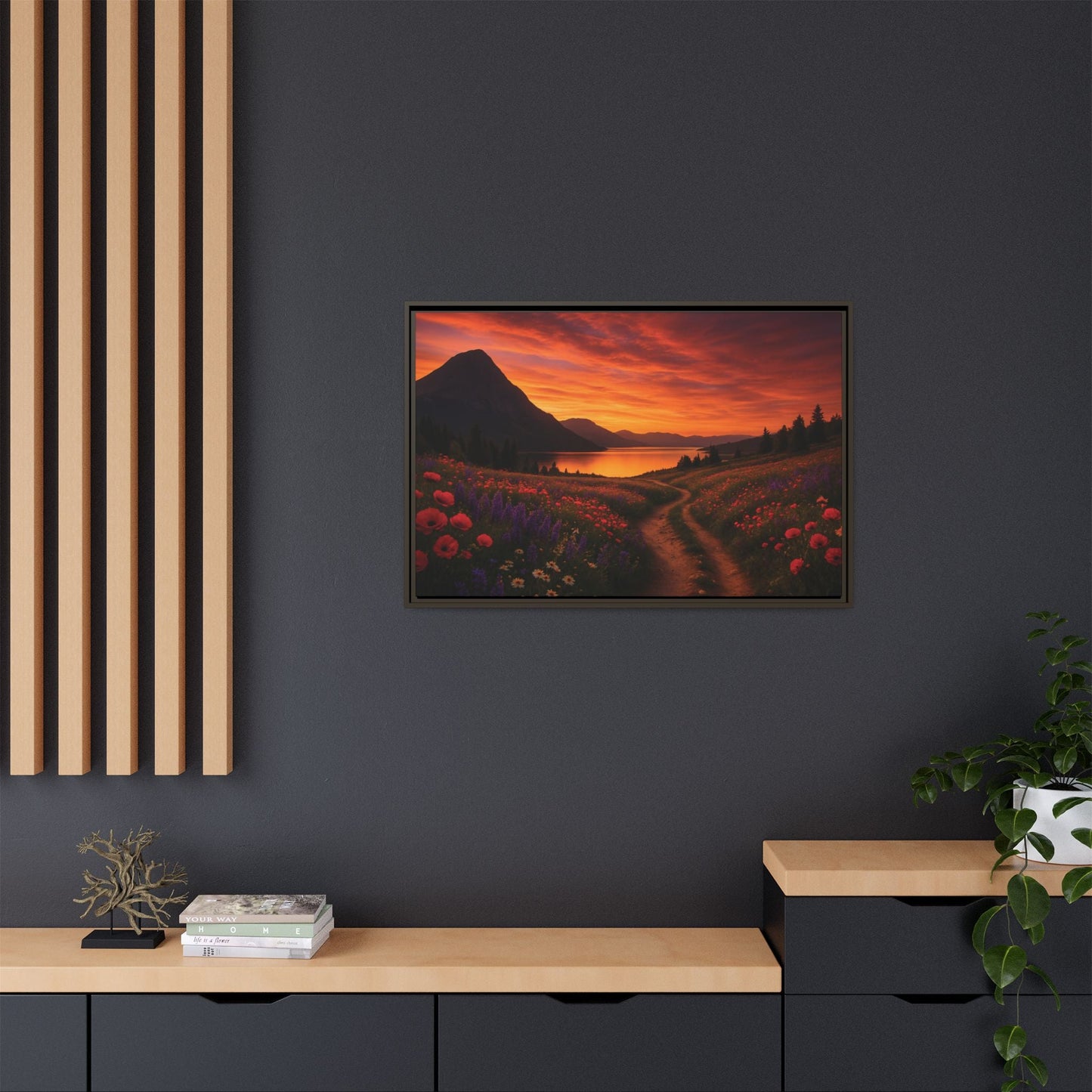 Canvas Sunset Wildflower Bend Matte Canvas, Pinewood Framed - Vibrant Styles