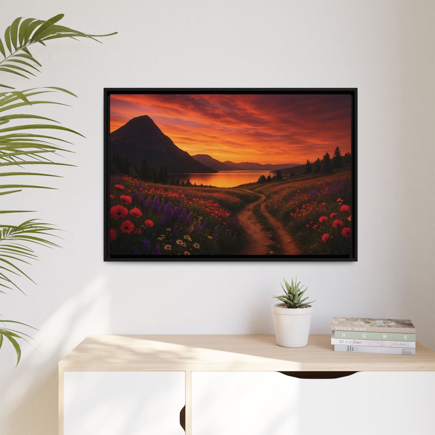 Canvas Sunset Wildflower Bend Matte Canvas, Pinewood Framed - Vibrant Styles