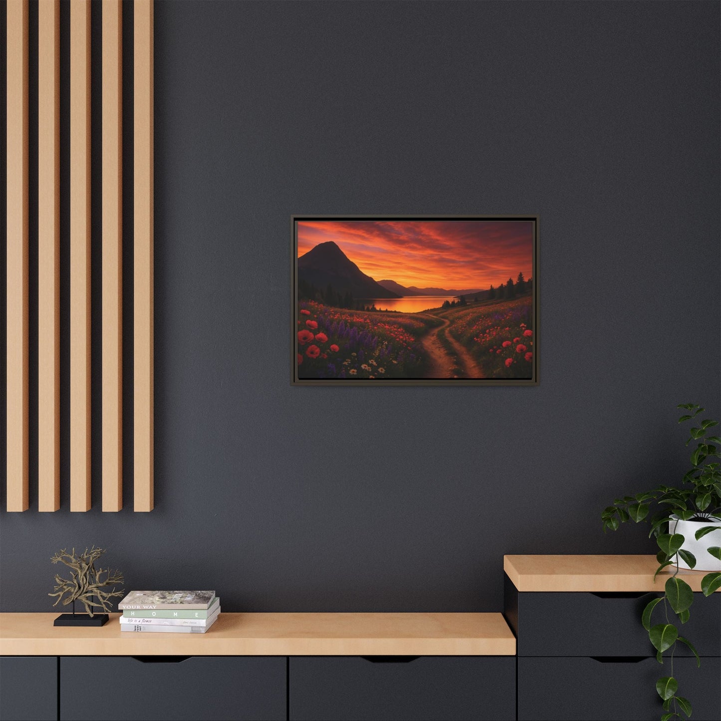 Canvas Sunset Wildflower Bend Matte Canvas, Pinewood Framed - Vibrant Styles