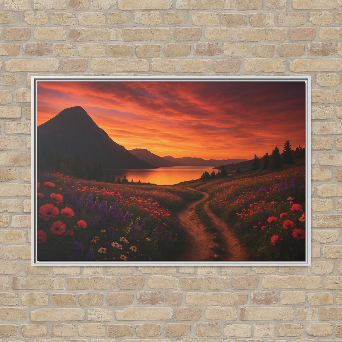 Canvas Sunset Wildflower Bend Matte Canvas, Pinewood Framed - Vibrant Styles
