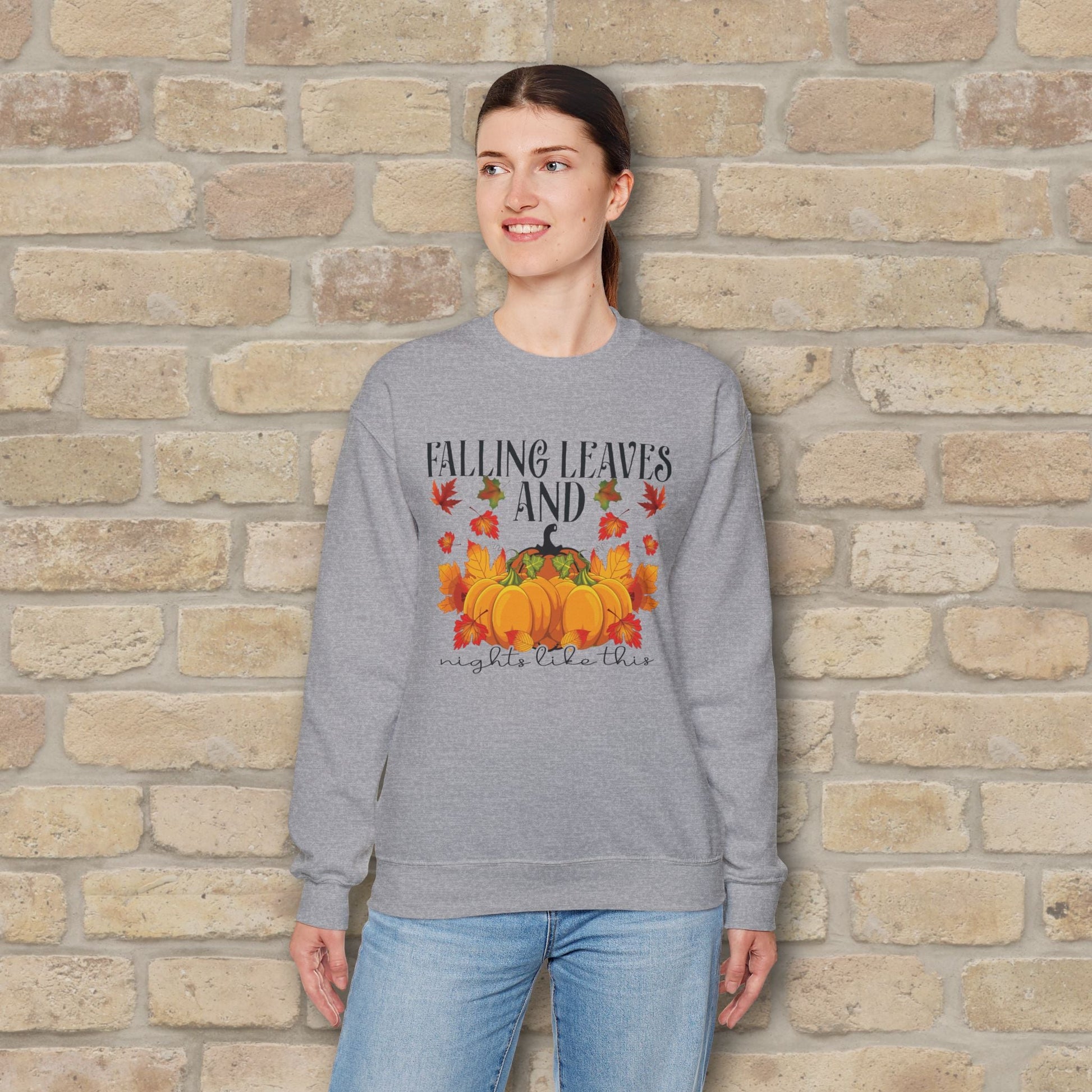 Graphic & Text Falling Leaves & Nights Like This Sweatshirt - Vibrant Styles