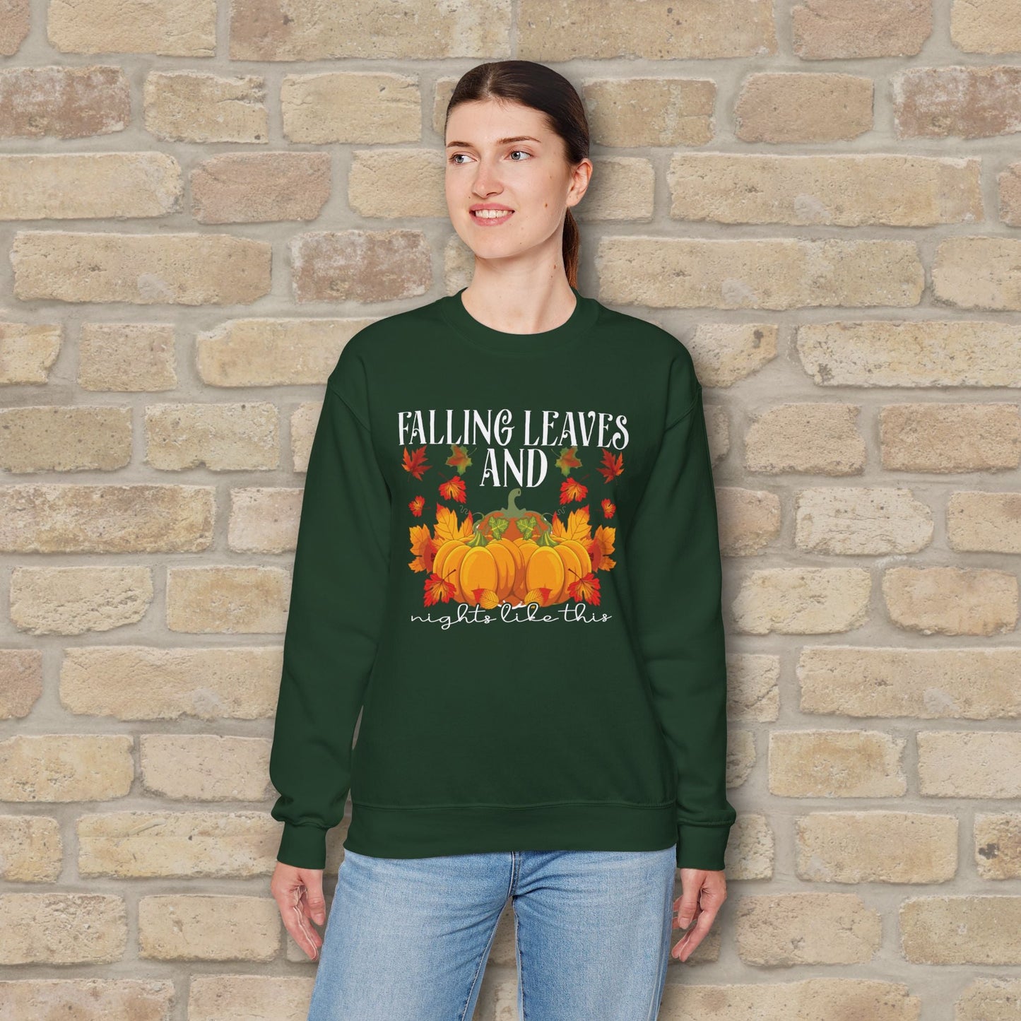 Graphic & Text Falling Leaves & Nights Like This Sweatshirt - Vibrant Styles
