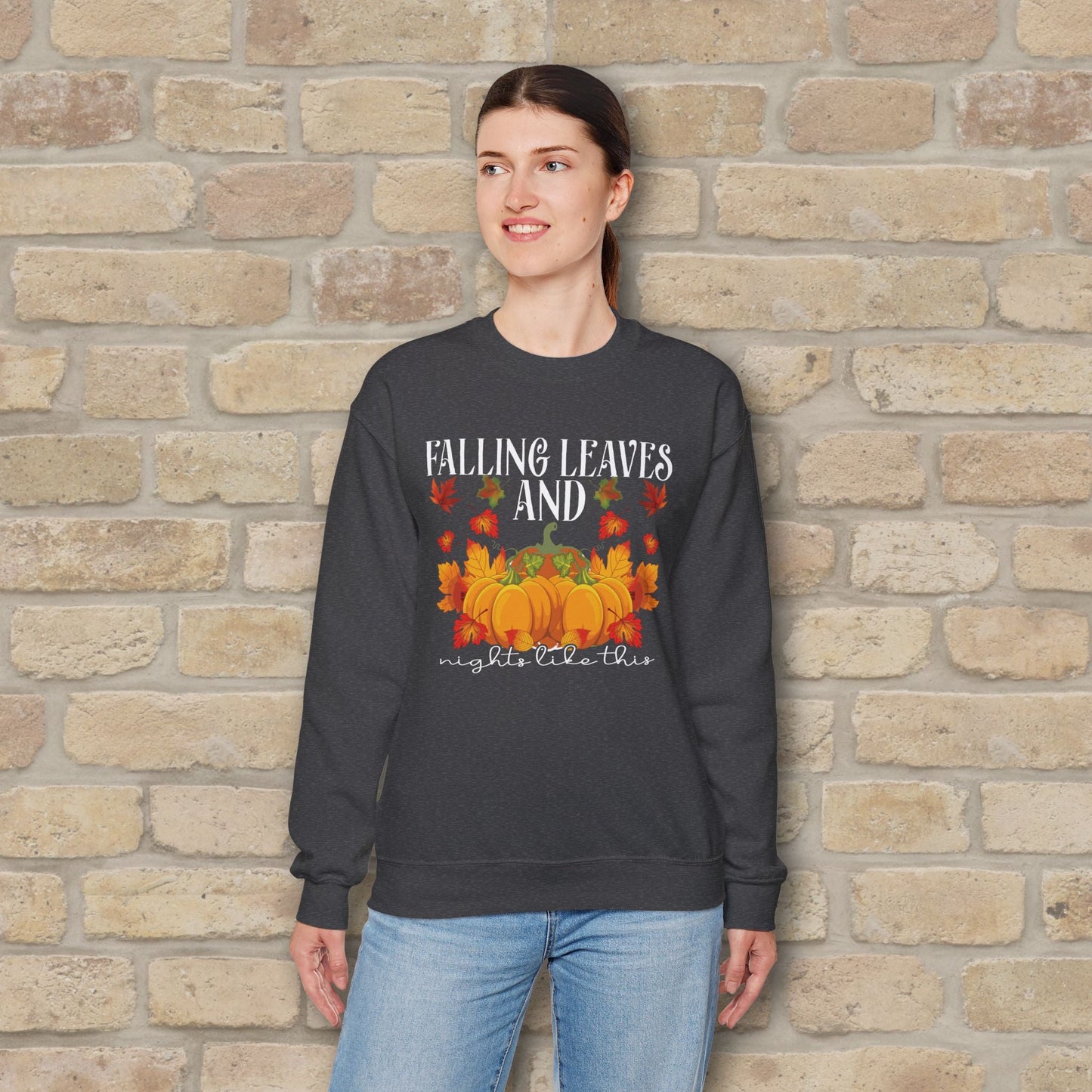 Graphic & Text Falling Leaves & Nights Like This Sweatshirt - Vibrant Styles