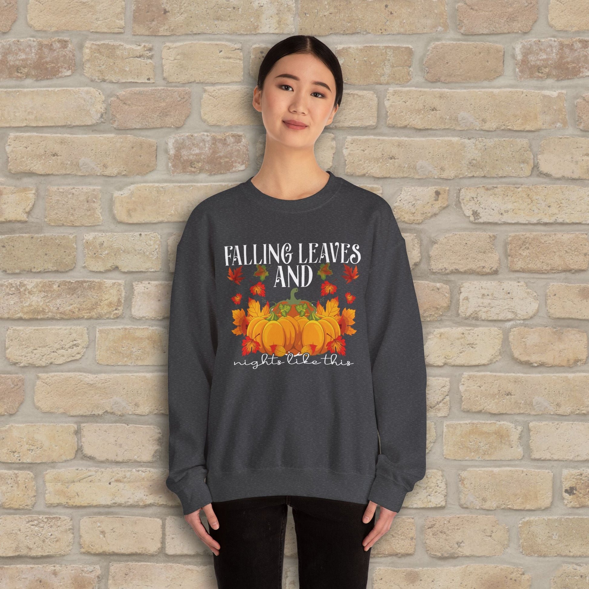 Graphic & Text Falling Leaves & Nights Like This Sweatshirt - Vibrant Styles
