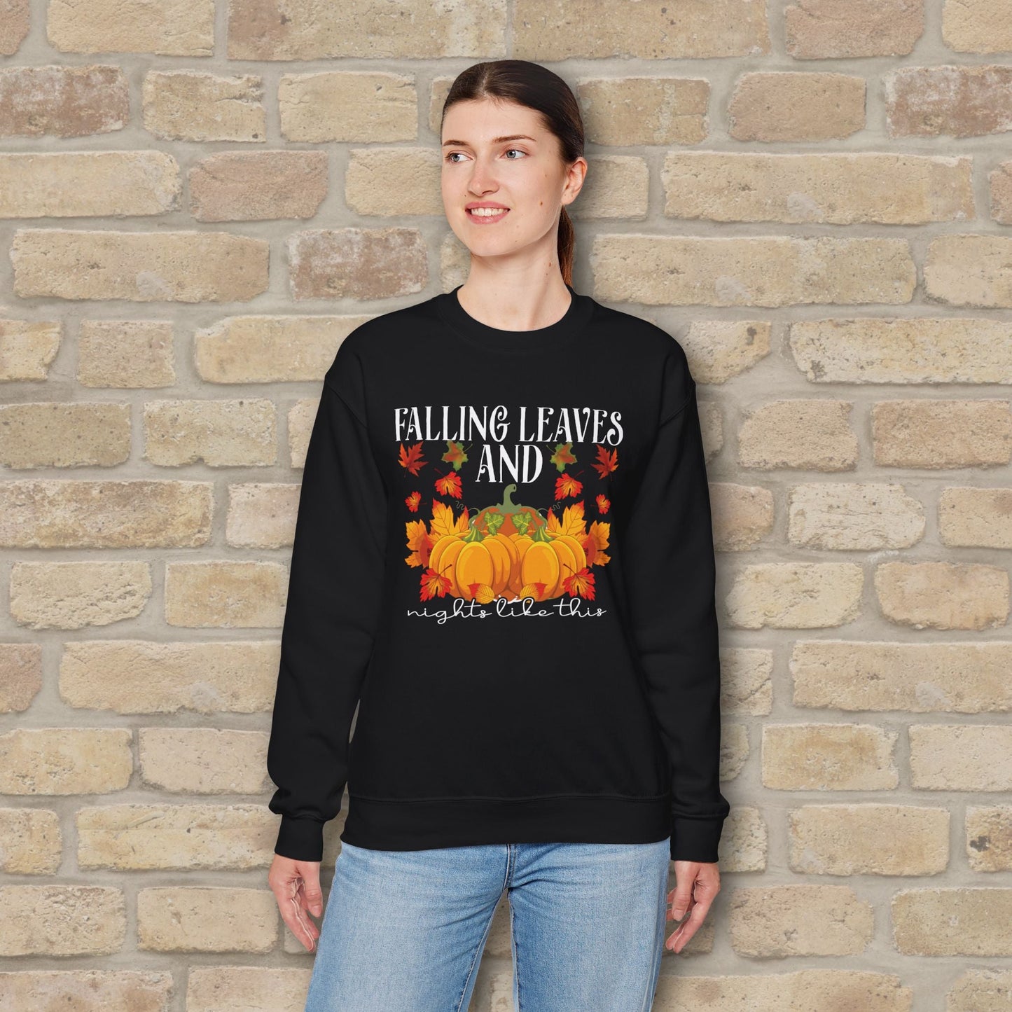 Graphic & Text Falling Leaves & Nights Like This Sweatshirt - Vibrant Styles