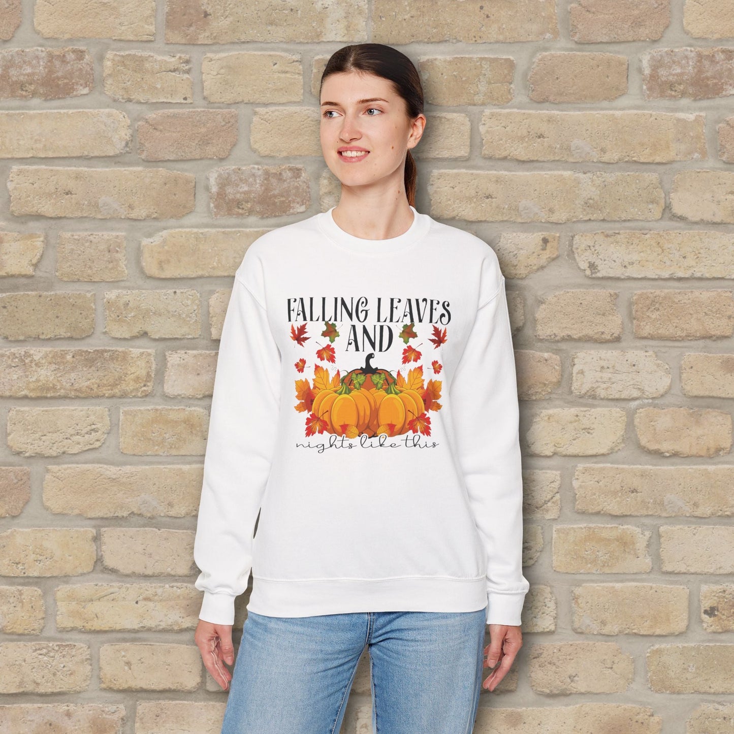 Graphic & Text Falling Leaves & Nights Like This Sweatshirt - Vibrant Styles
