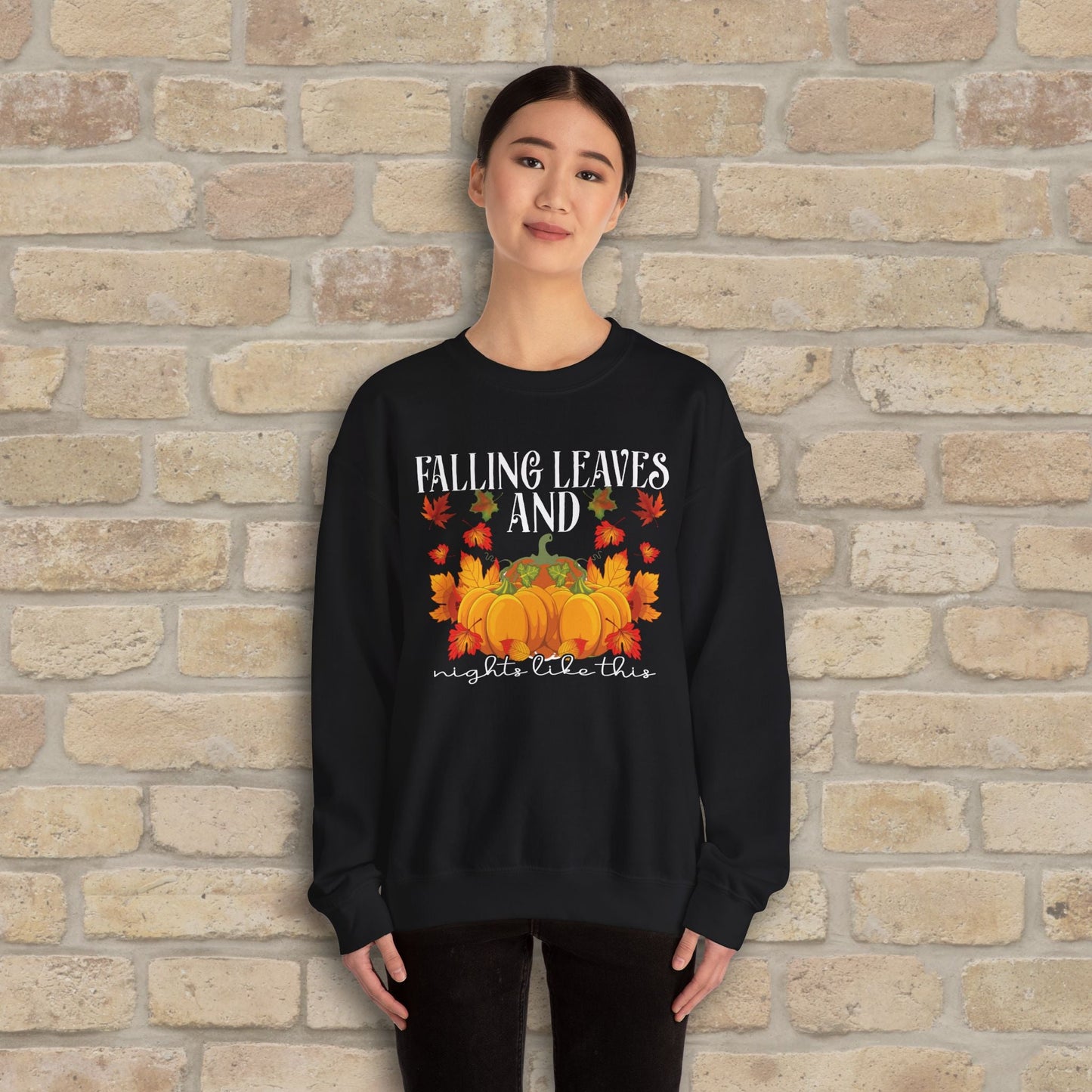 Graphic & Text Falling Leaves & Nights Like This Sweatshirt - Vibrant Styles
