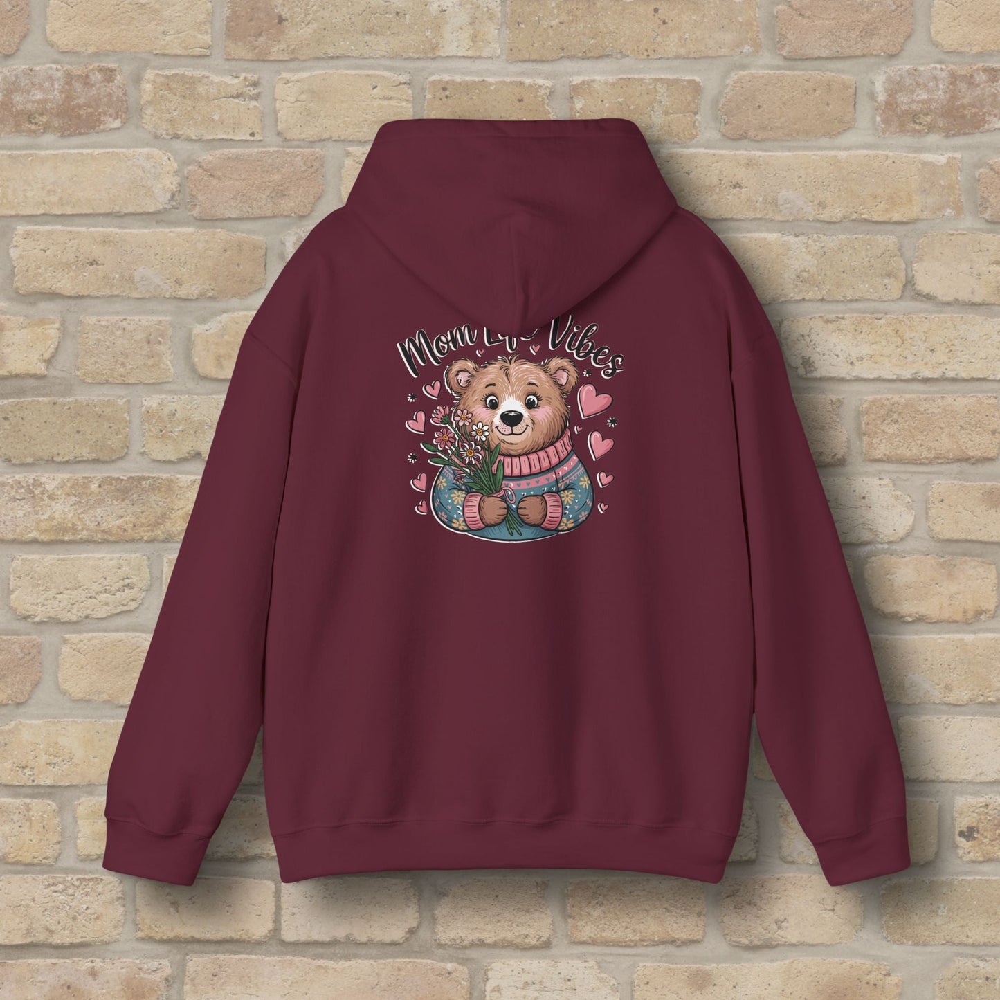 Graphic & Text Mom Bear Life Vibes Pullover Hoodie - Vibrant Styles