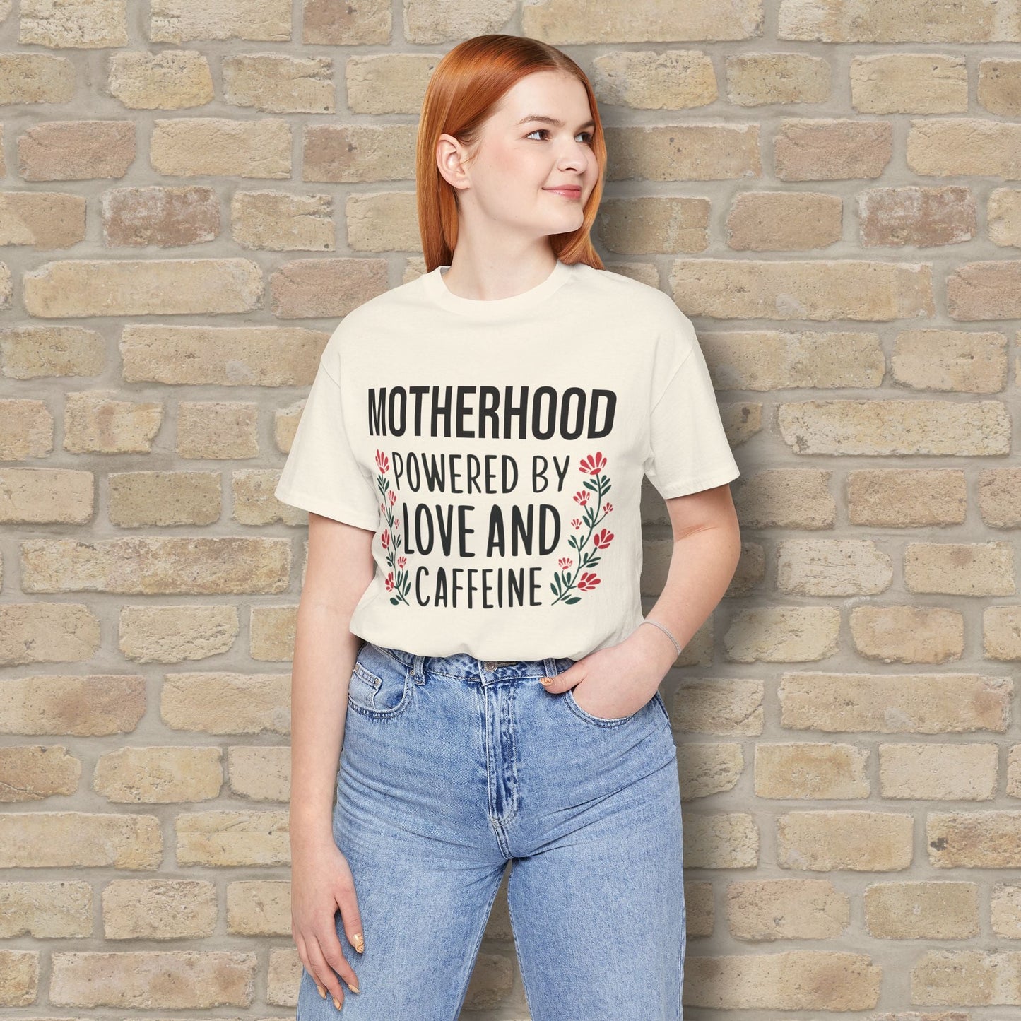 T-Shirt Motherhood: Powered by Love and Caffeine Tee - Vibrant Styles