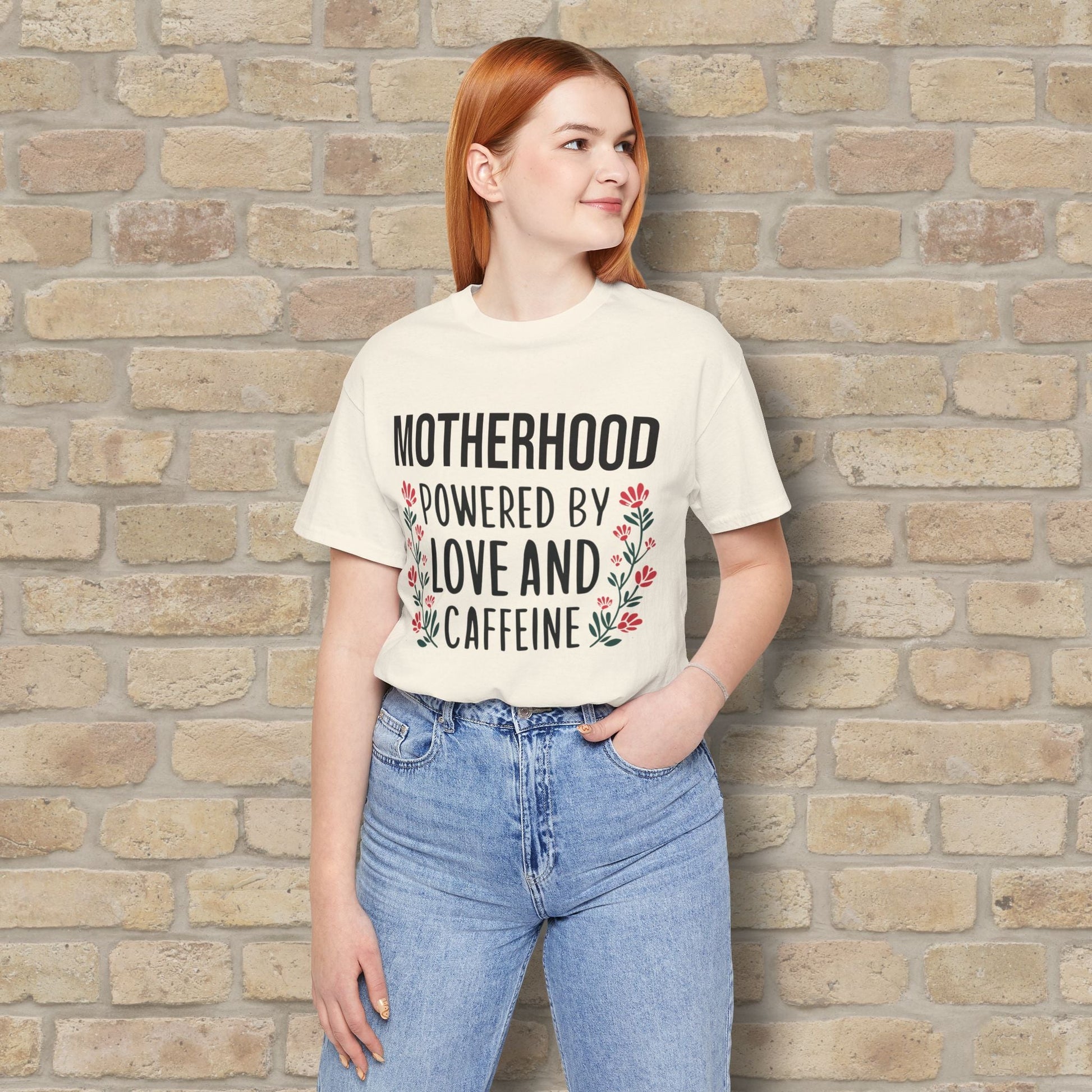T-Shirt Motherhood: Powered by Love and Caffeine Tee - Vibrant Styles