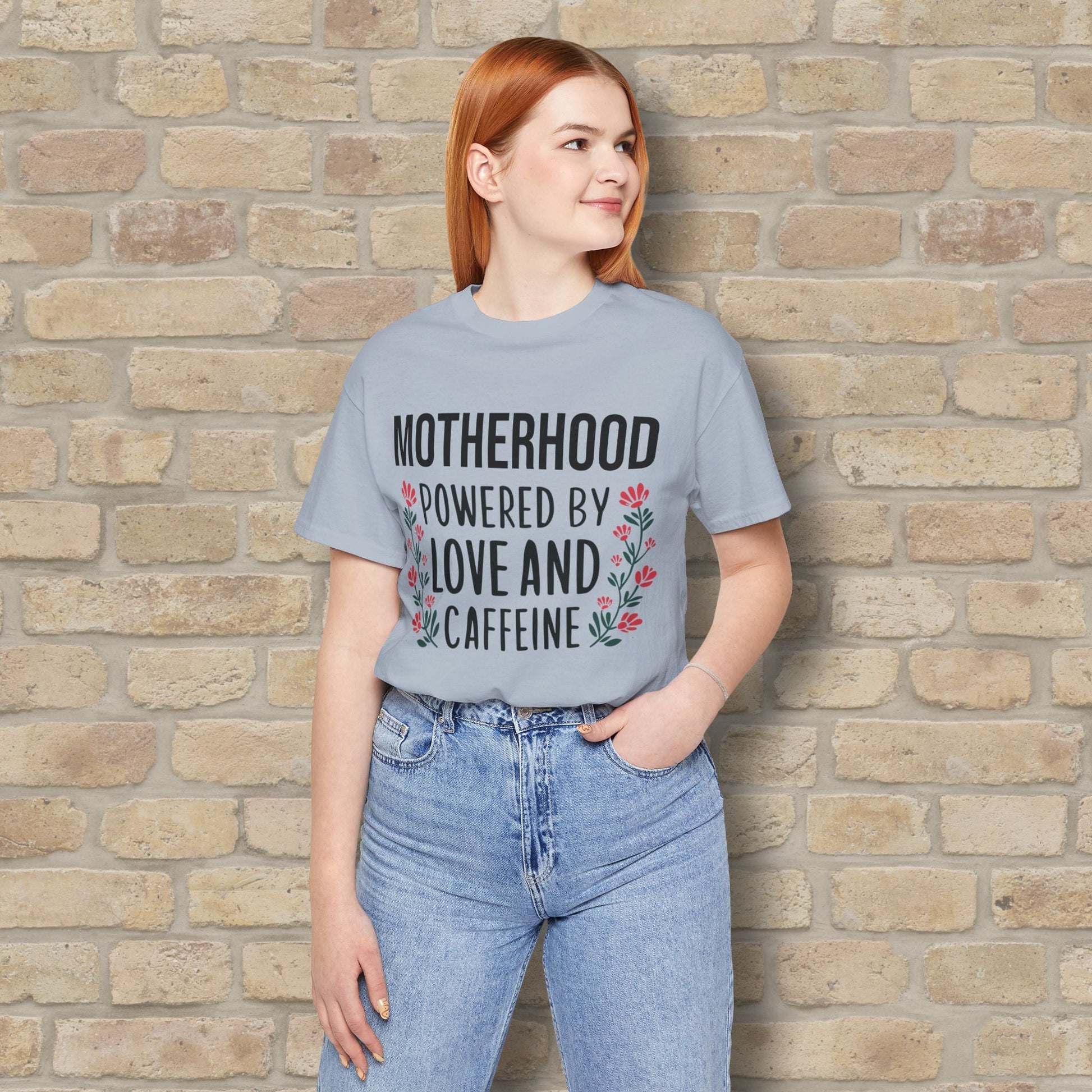 T-Shirt Motherhood: Powered by Love and Caffeine Tee - Vibrant Styles