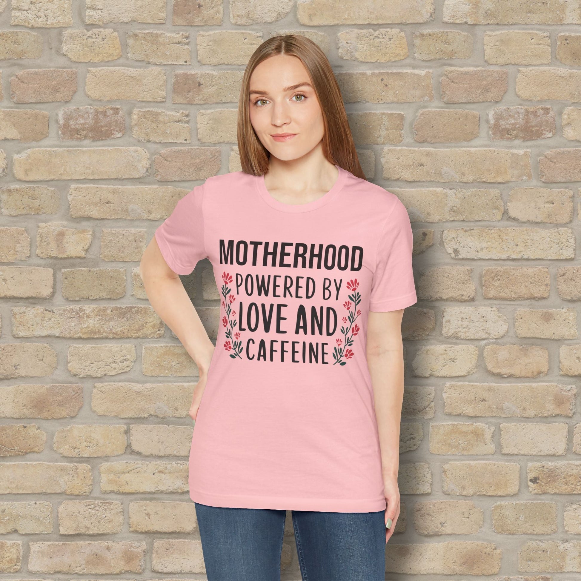 T-Shirt Motherhood: Powered by Love and Caffeine Tee - Vibrant Styles