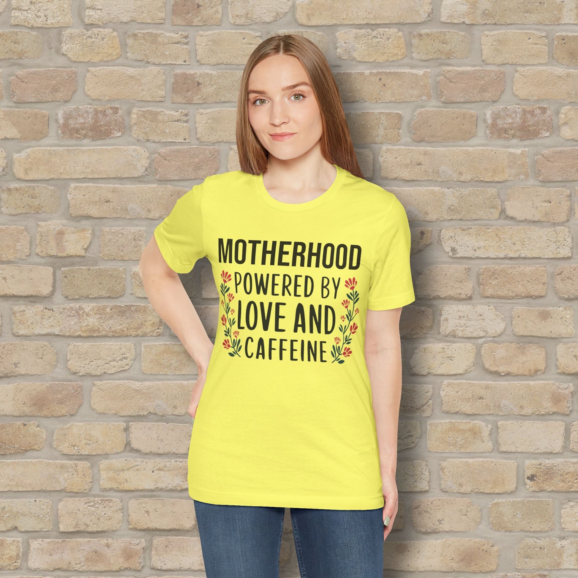T-Shirt Motherhood: Powered by Love and Caffeine Tee - Vibrant Styles
