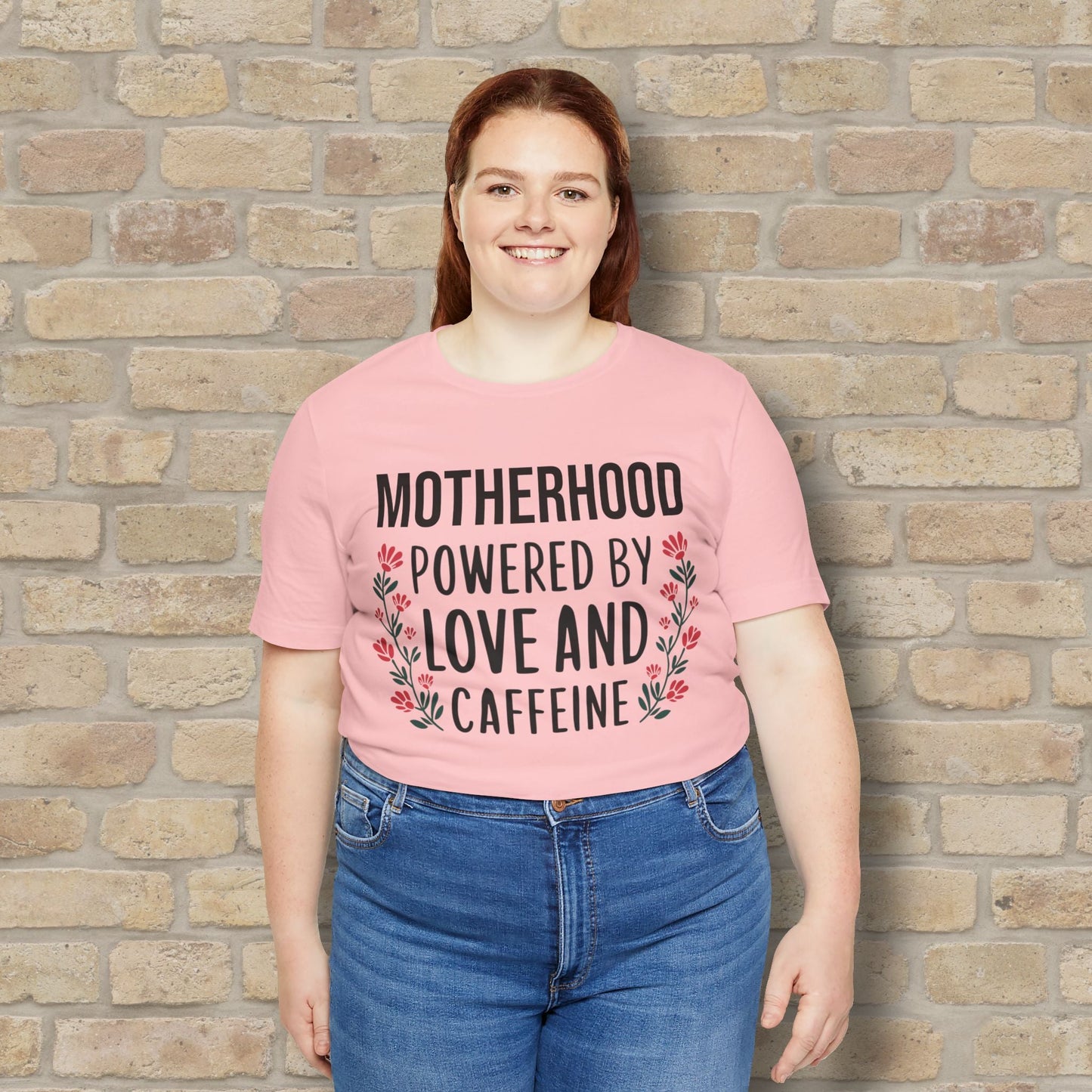 T-Shirt Motherhood: Powered by Love and Caffeine Tee - Vibrant Styles