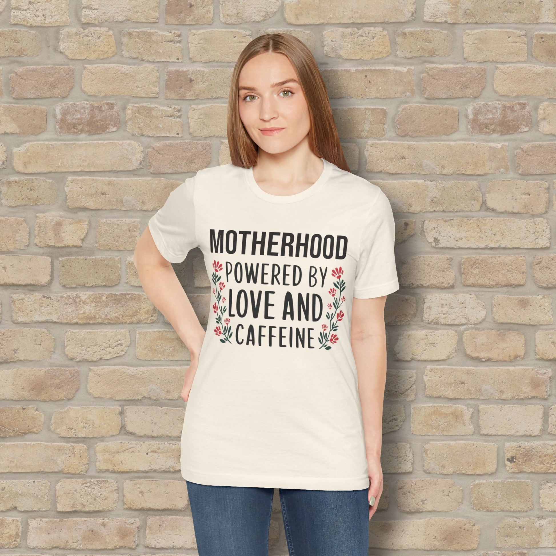 T-Shirt Motherhood: Powered by Love and Caffeine Tee - Vibrant Styles