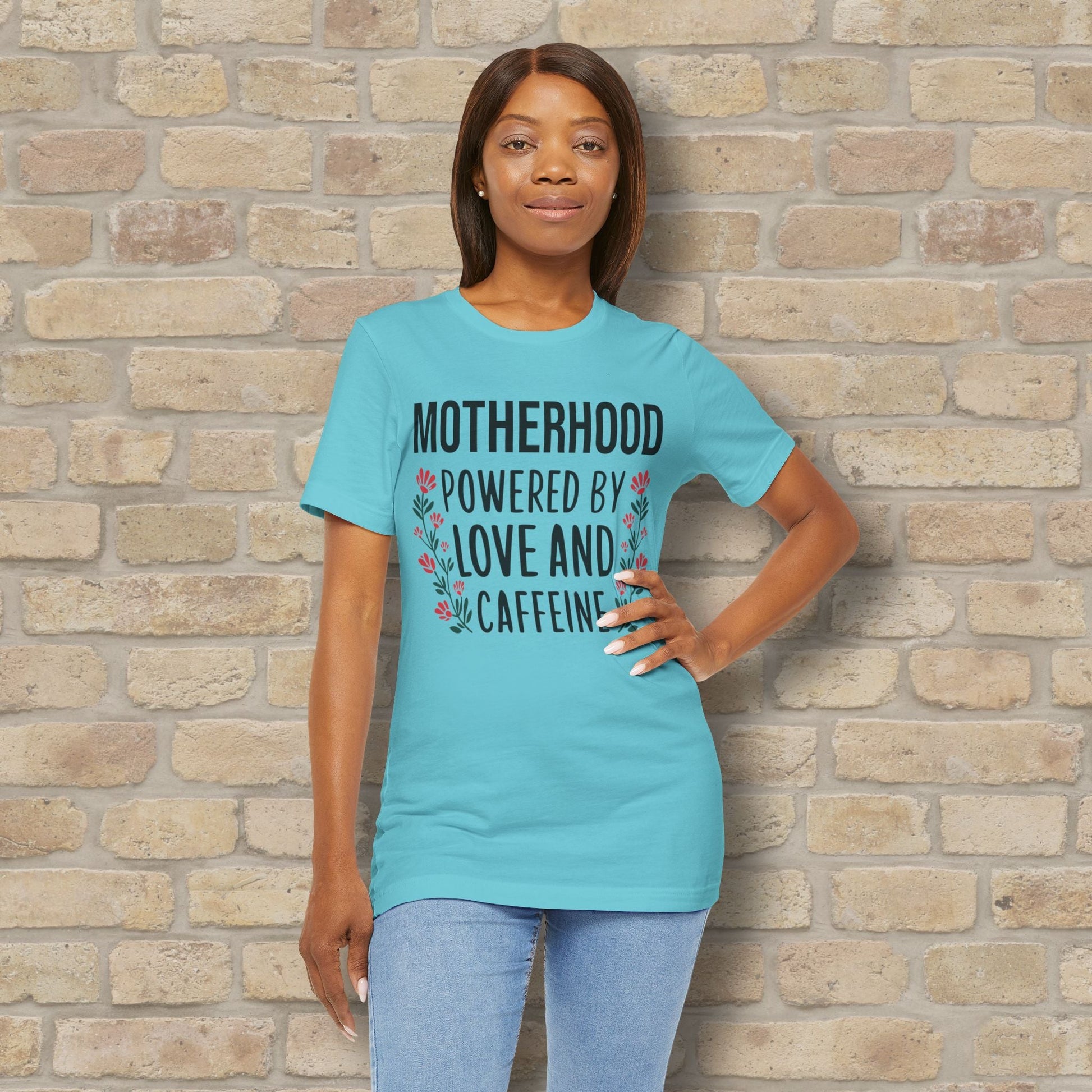 T-Shirt Motherhood: Powered by Love and Caffeine Tee - Vibrant Styles