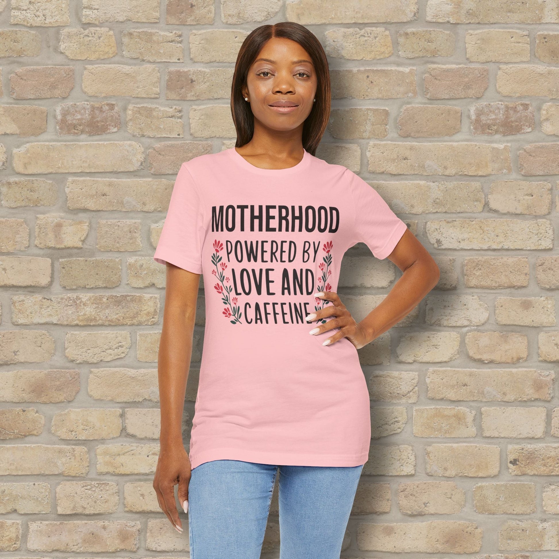 T-Shirt Motherhood: Powered by Love and Caffeine Tee - Vibrant Styles