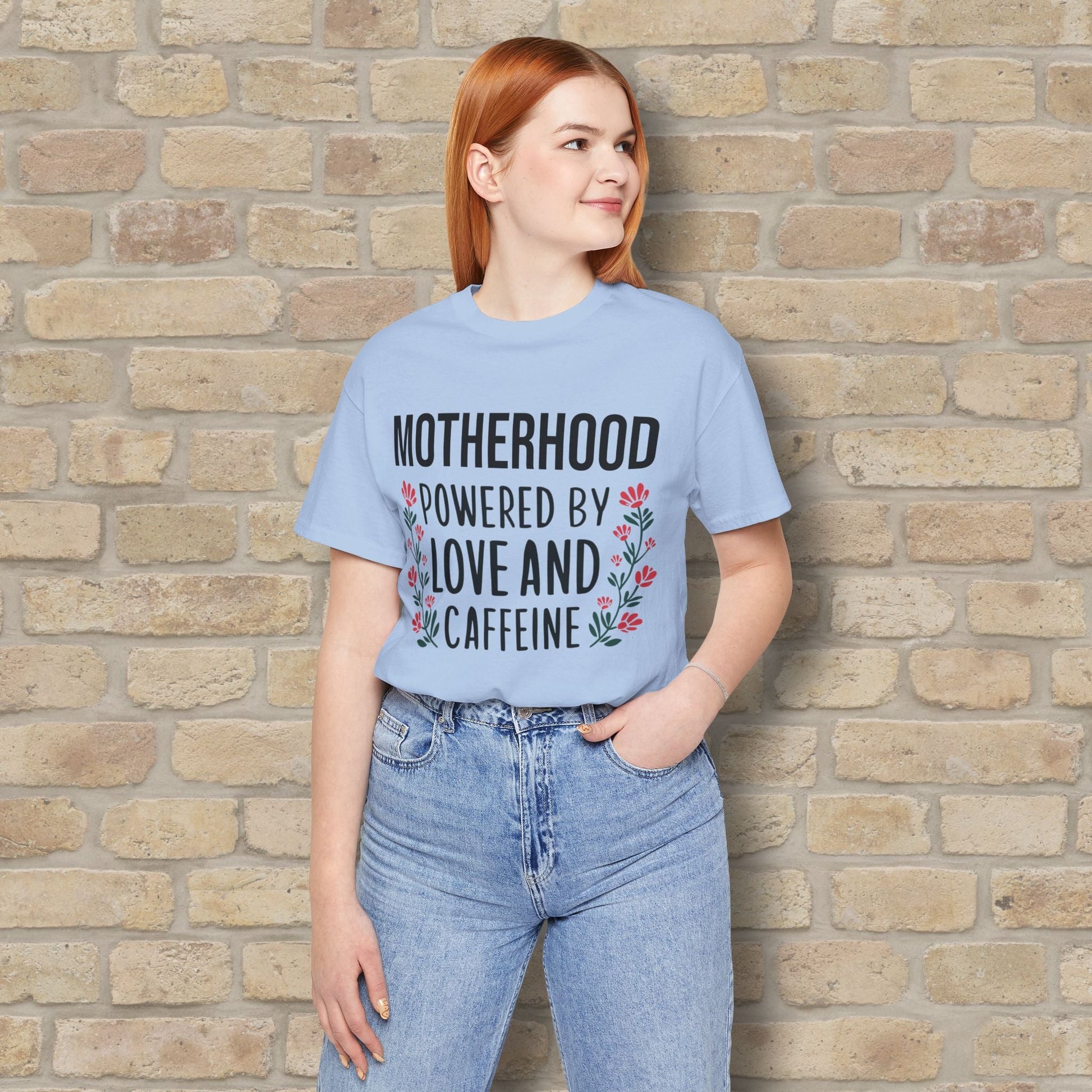 T-Shirt Motherhood: Powered by Love and Caffeine Tee - Vibrant Styles