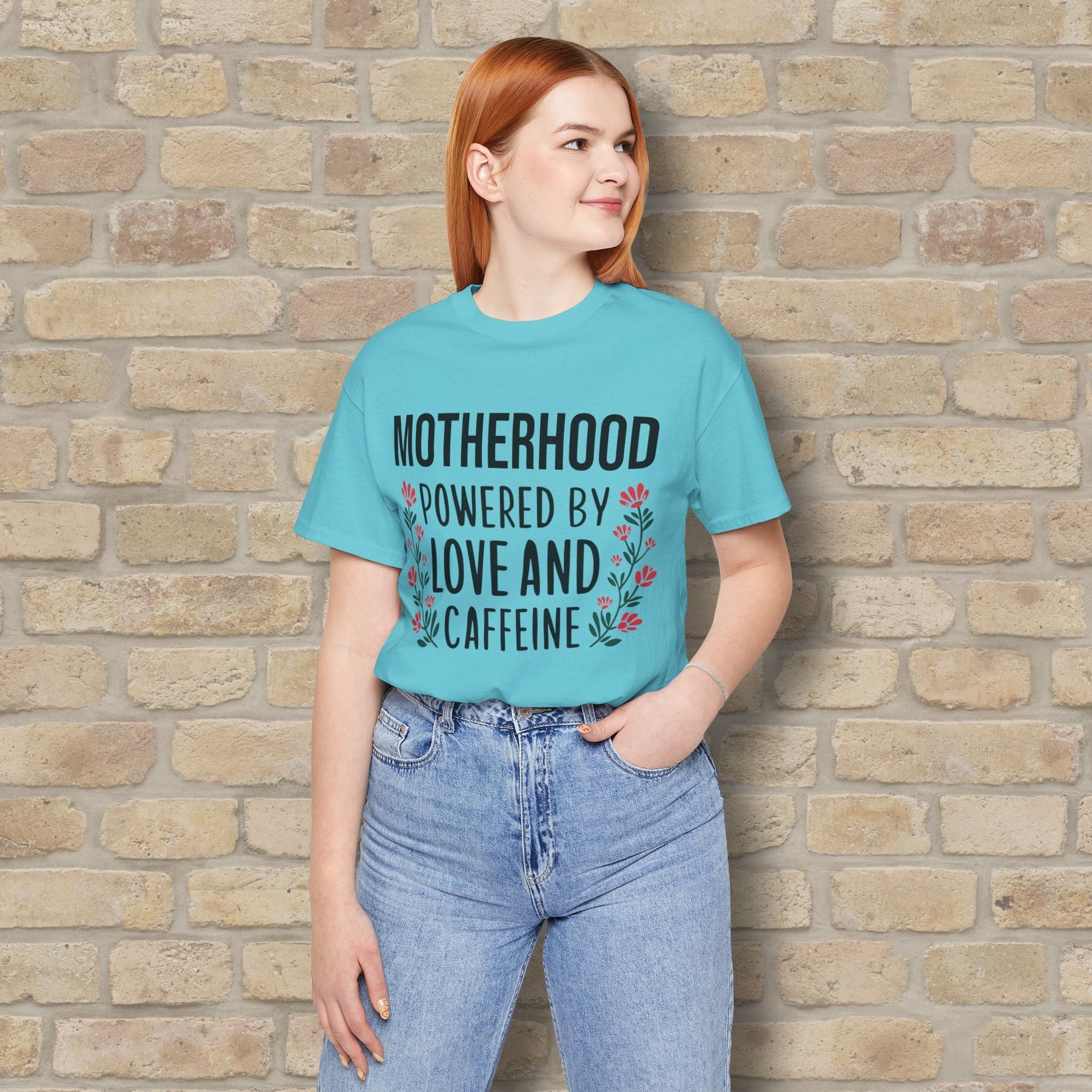 T-Shirt Motherhood: Powered by Love and Caffeine Tee - Vibrant Styles