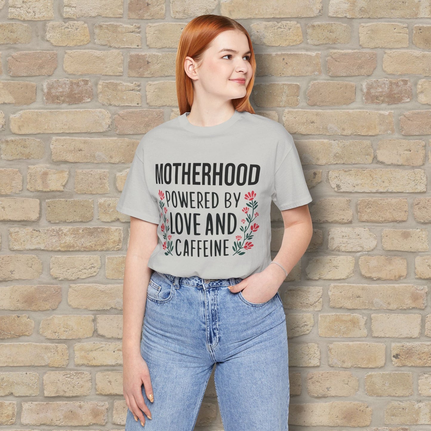 T-Shirt Motherhood: Powered by Love and Caffeine Tee - Vibrant Styles