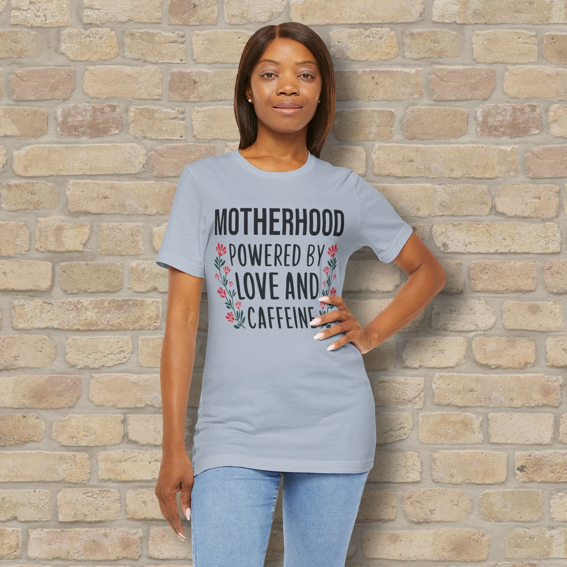 T-Shirt Motherhood: Powered by Love and Caffeine Tee - Vibrant Styles