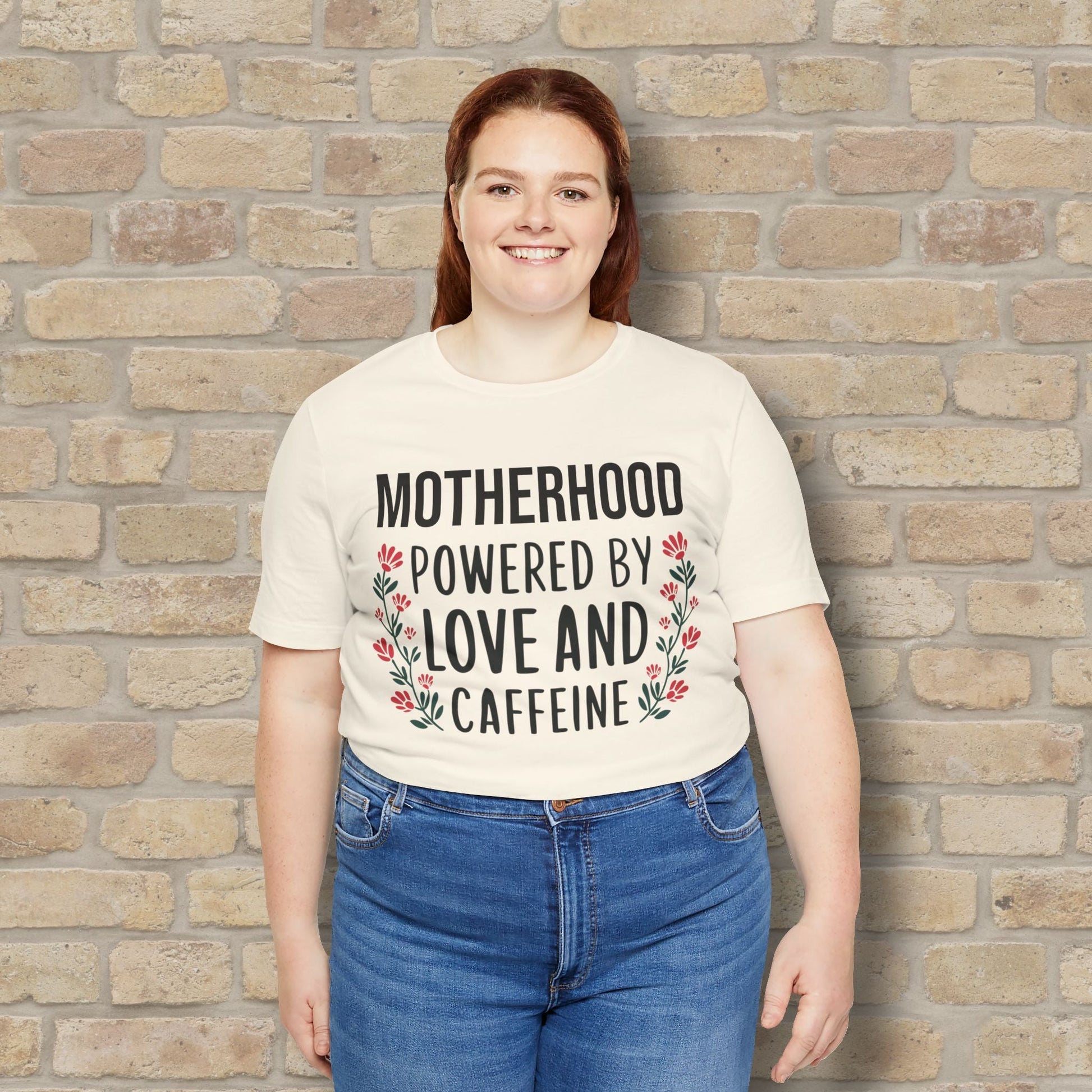 T-Shirt Motherhood: Powered by Love and Caffeine Tee - Vibrant Styles