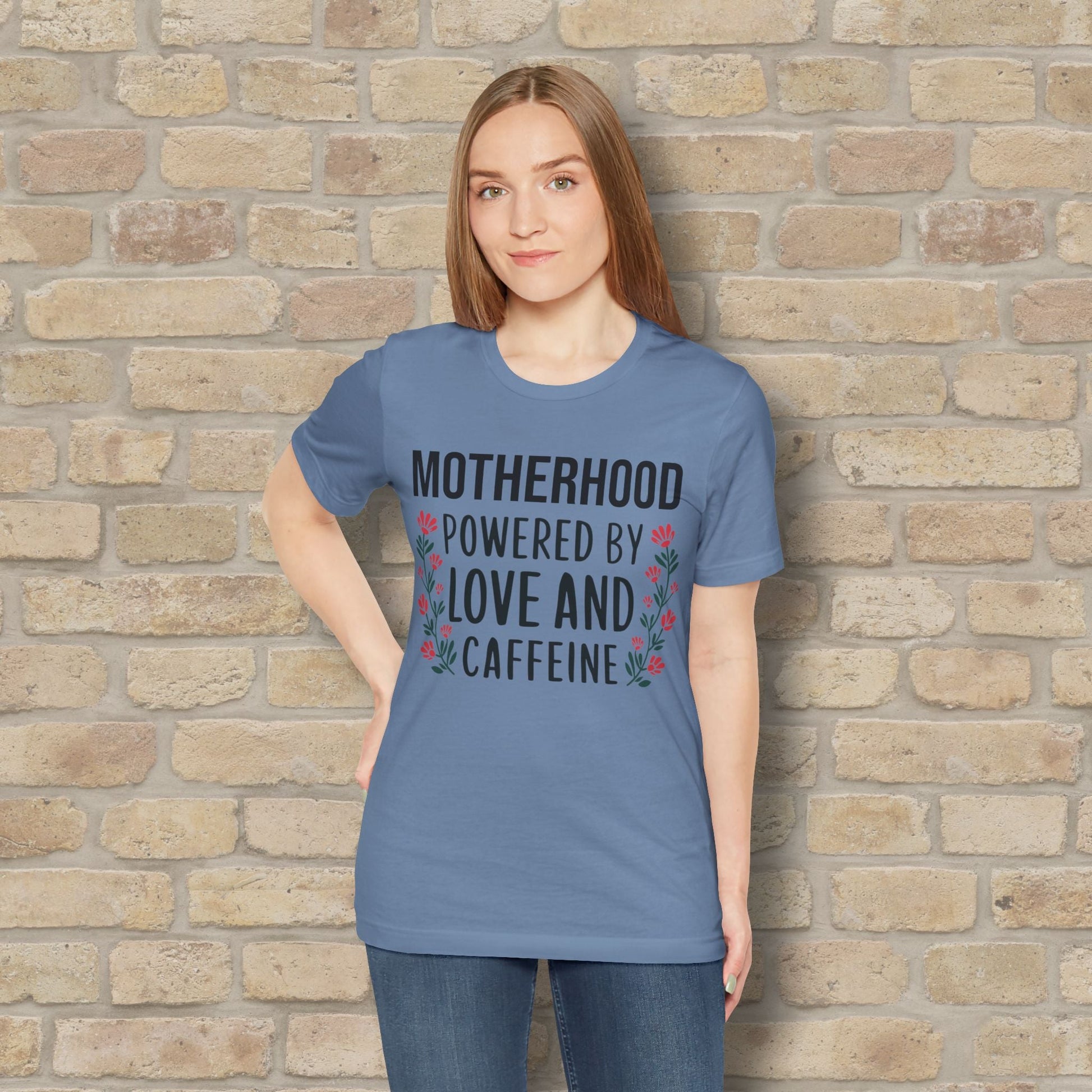 T-Shirt Motherhood: Powered by Love and Caffeine Tee - Vibrant Styles