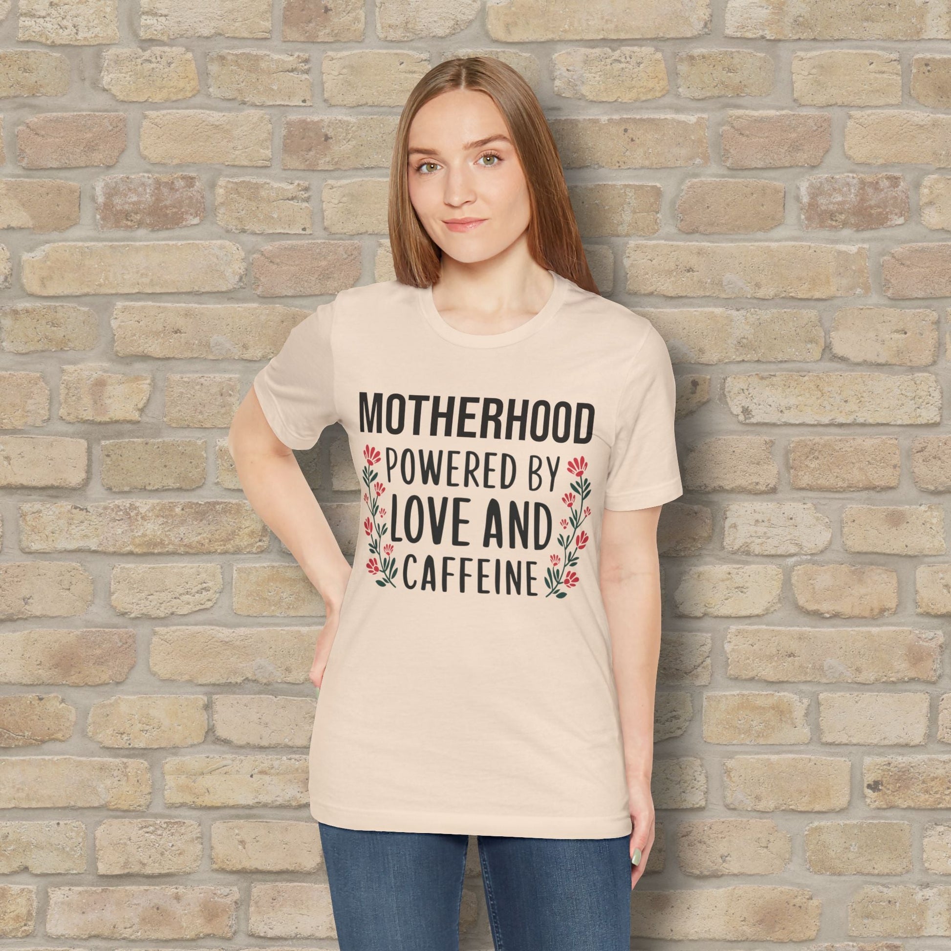 T-Shirt Motherhood: Powered by Love and Caffeine Tee - Vibrant Styles