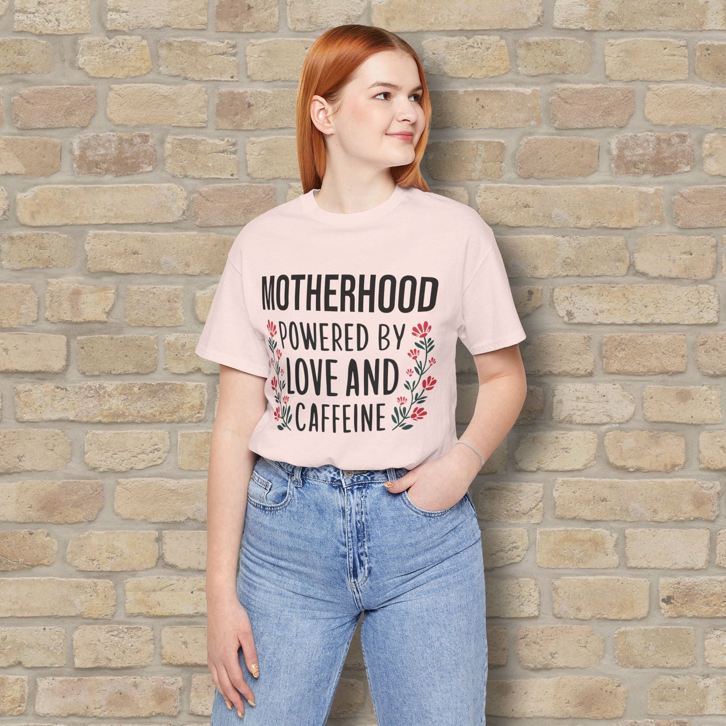 T-Shirt Motherhood: Powered by Love and Caffeine Tee - Vibrant Styles