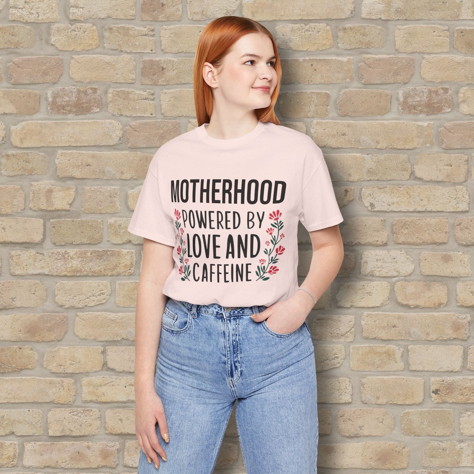 T-Shirt Motherhood: Powered by Love and Caffeine Tee - Vibrant Styles