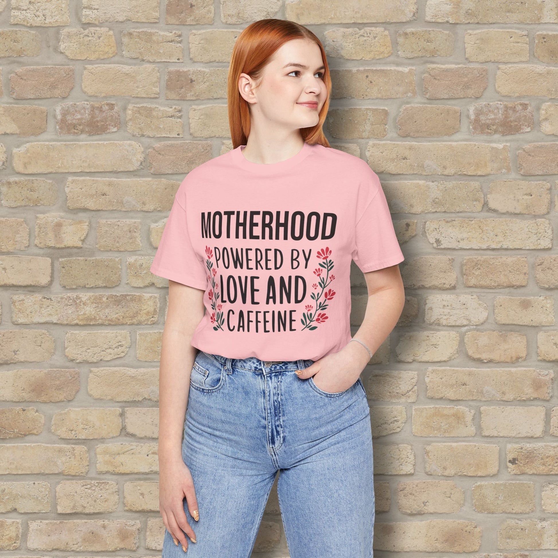 T-Shirt Motherhood: Powered by Love and Caffeine Tee - Vibrant Styles