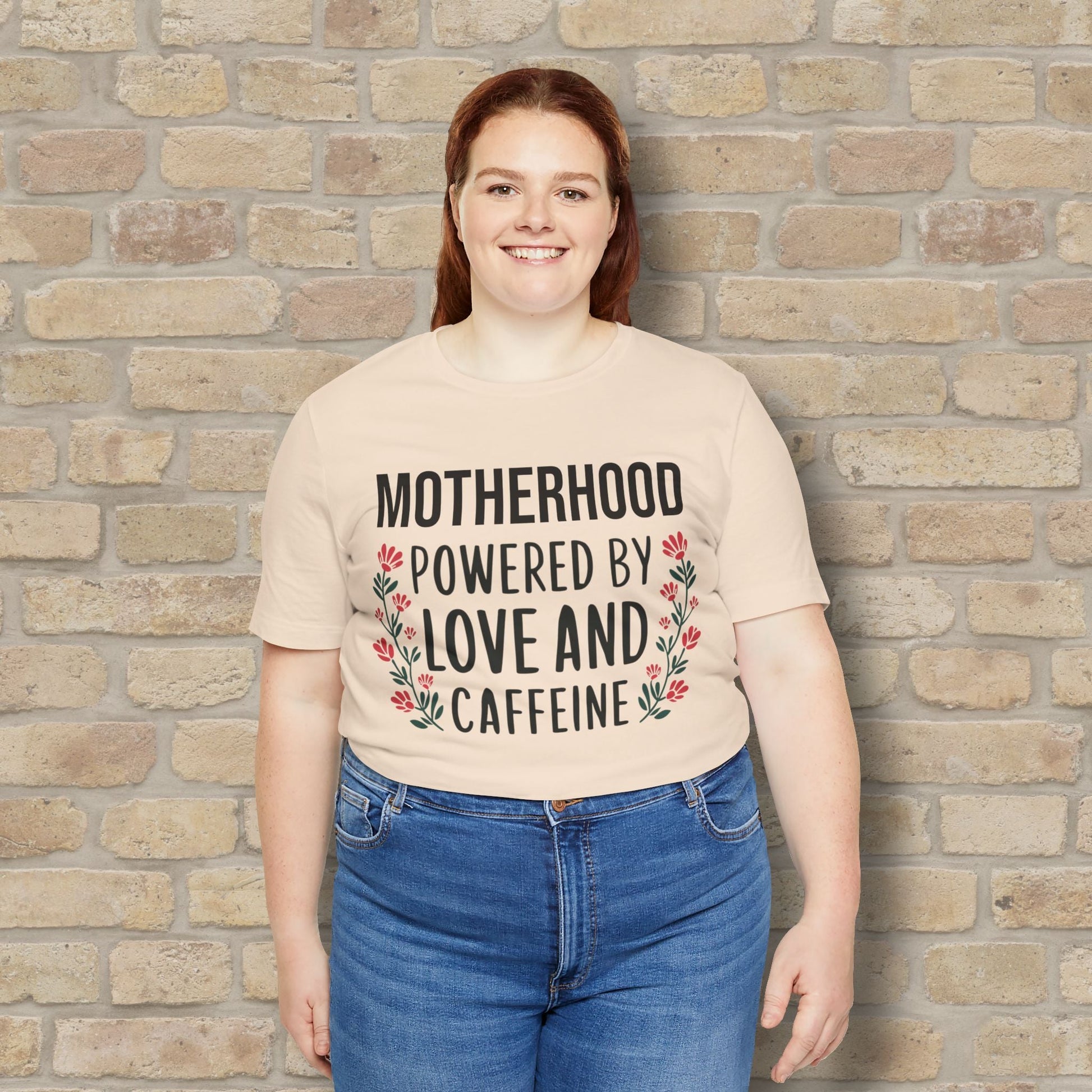 T-Shirt Motherhood: Powered by Love and Caffeine Tee - Vibrant Styles