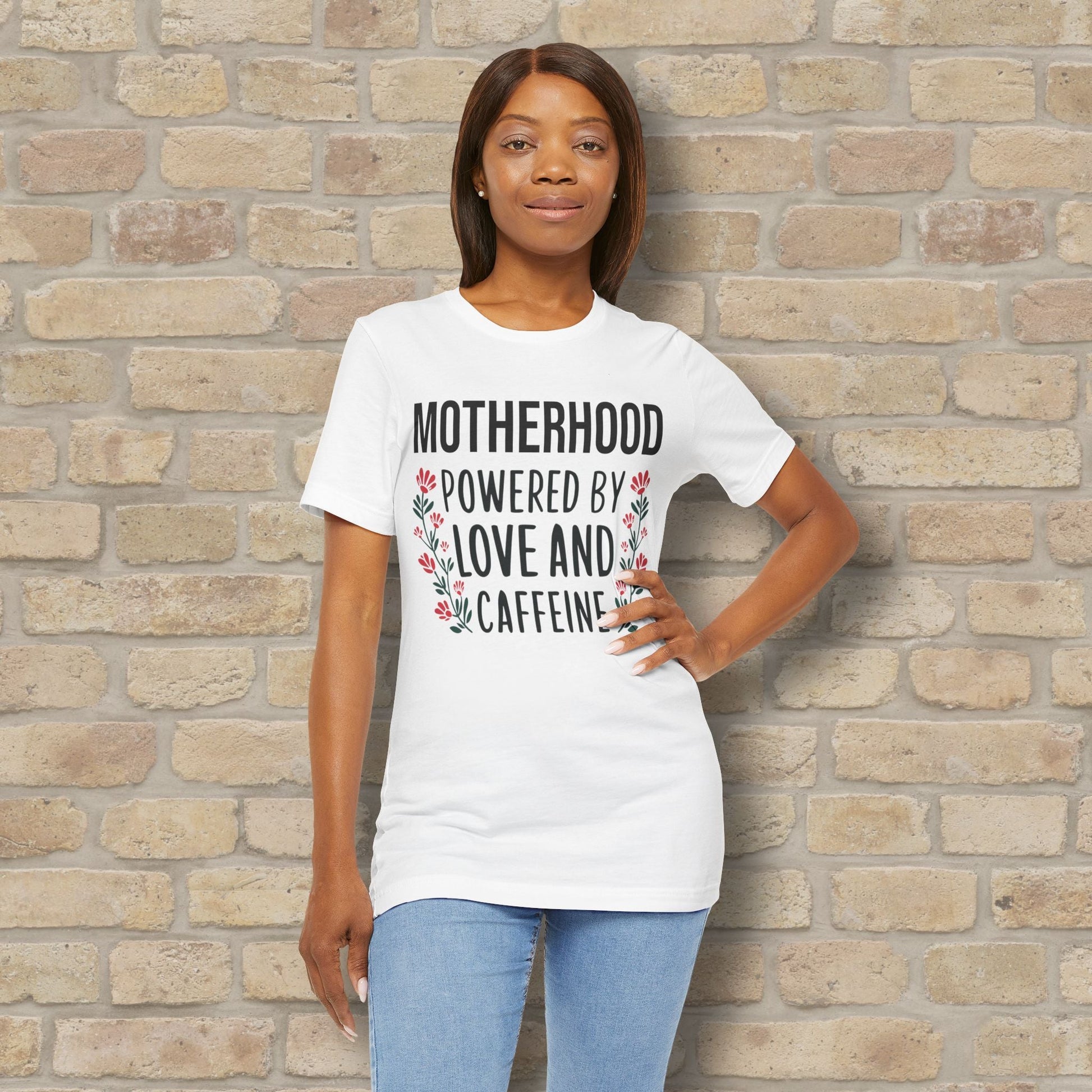 T-Shirt Motherhood: Powered by Love and Caffeine Tee - Vibrant Styles