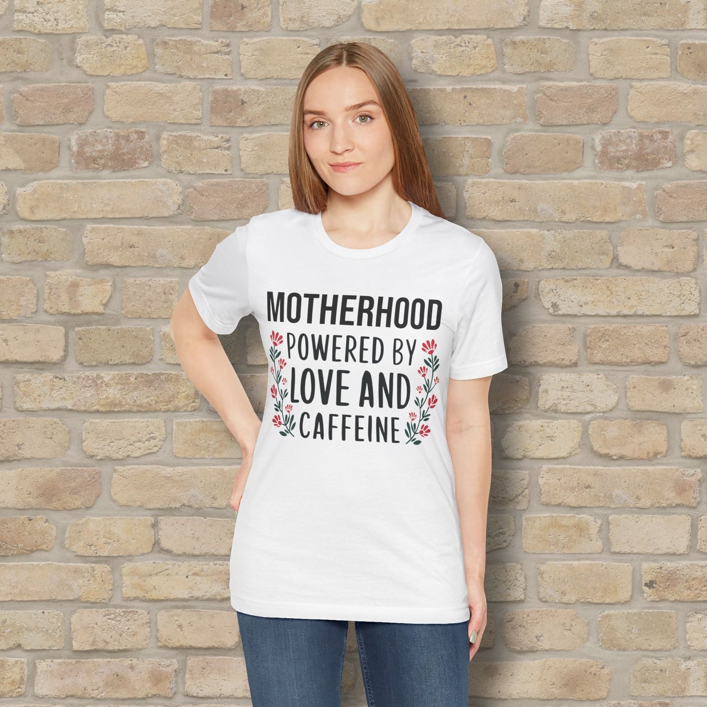 T-Shirt Motherhood: Powered by Love and Caffeine Tee - Vibrant Styles