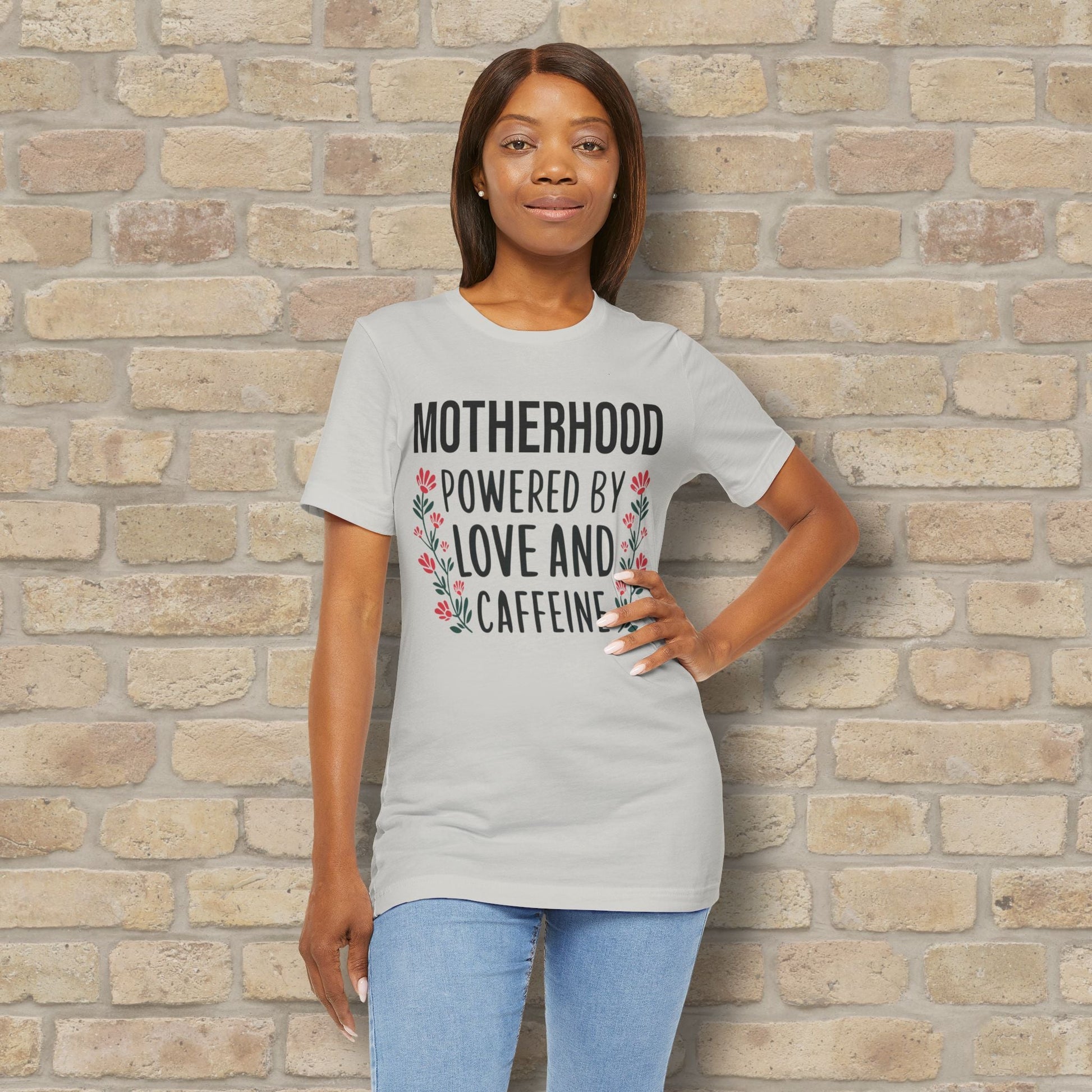 T-Shirt Motherhood: Powered by Love and Caffeine Tee - Vibrant Styles