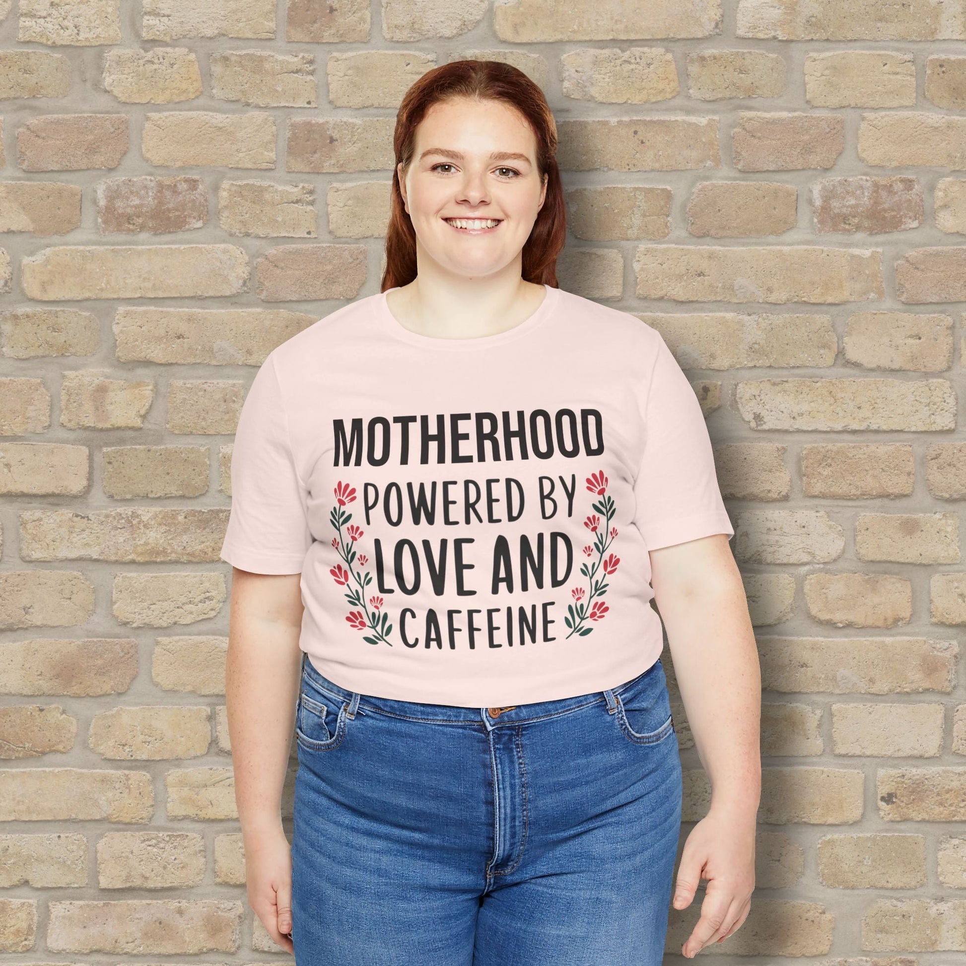 T-Shirt Motherhood: Powered by Love and Caffeine Tee - Vibrant Styles