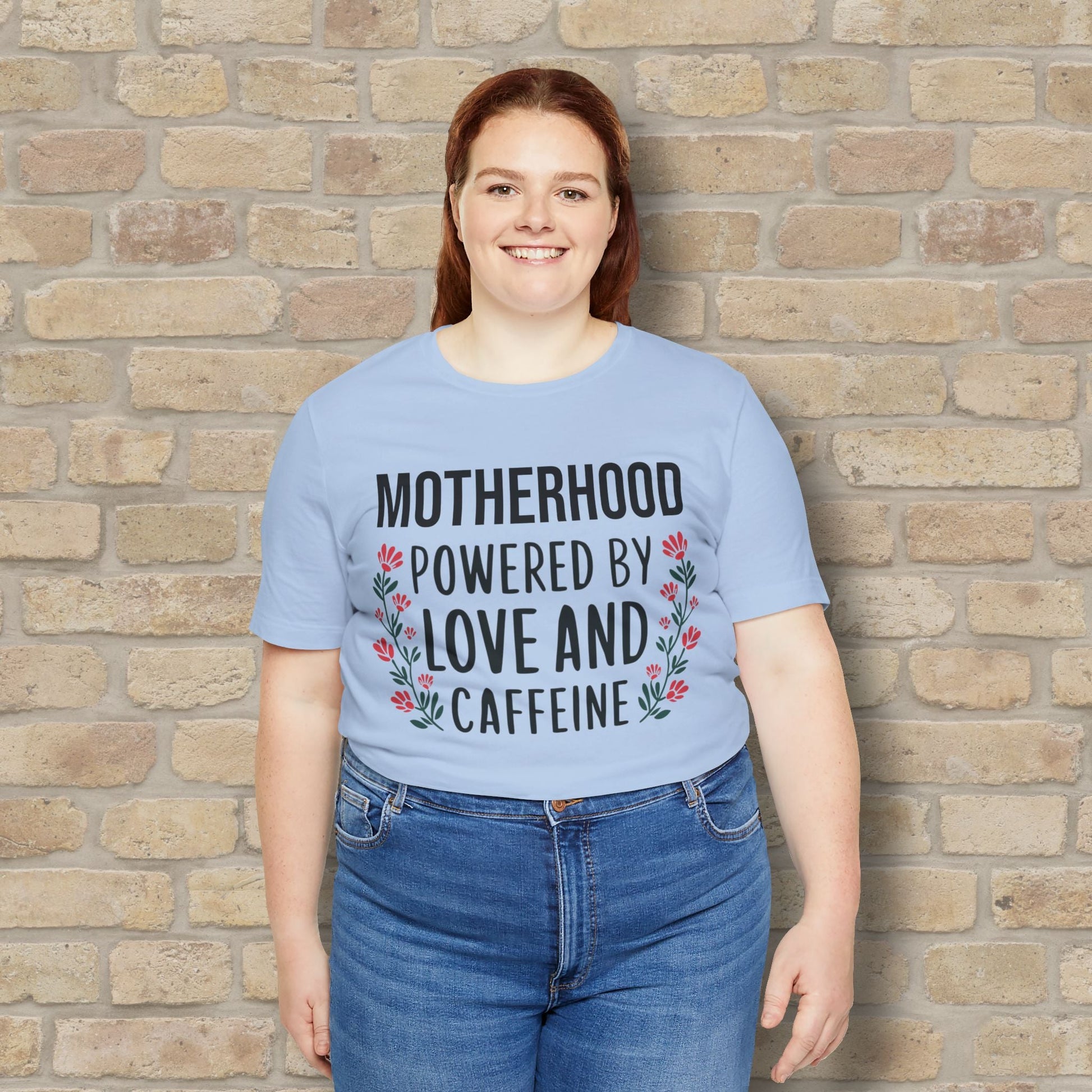 T-Shirt Motherhood: Powered by Love and Caffeine Tee - Vibrant Styles